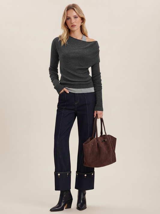 Wool-Blend Asymmetrical Cold-Shoulder Knit Top for Women Layering Essential