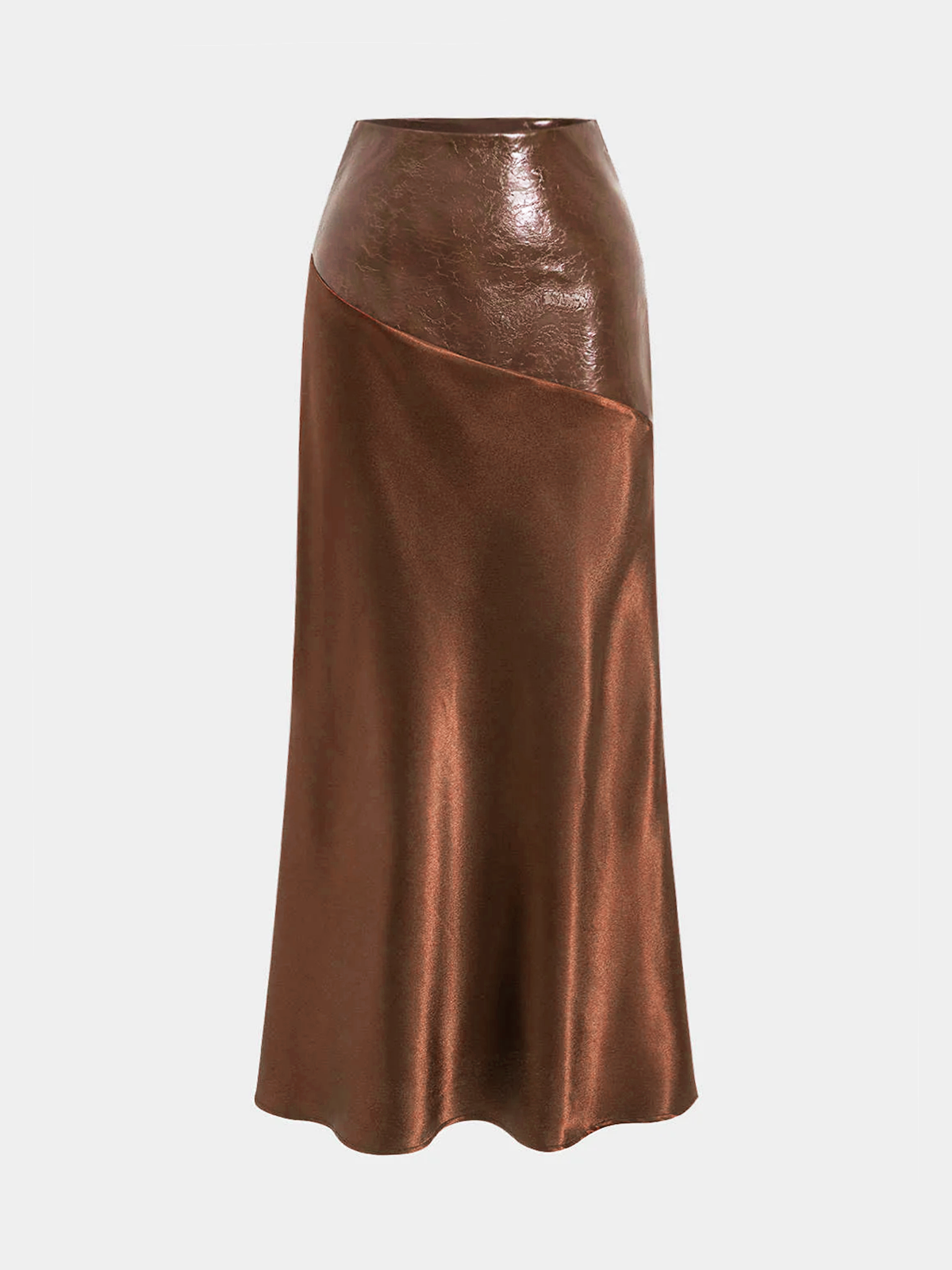 Faux Leather Panel Asymmetric Satin Maxi Skirt for Women's Evening Wear