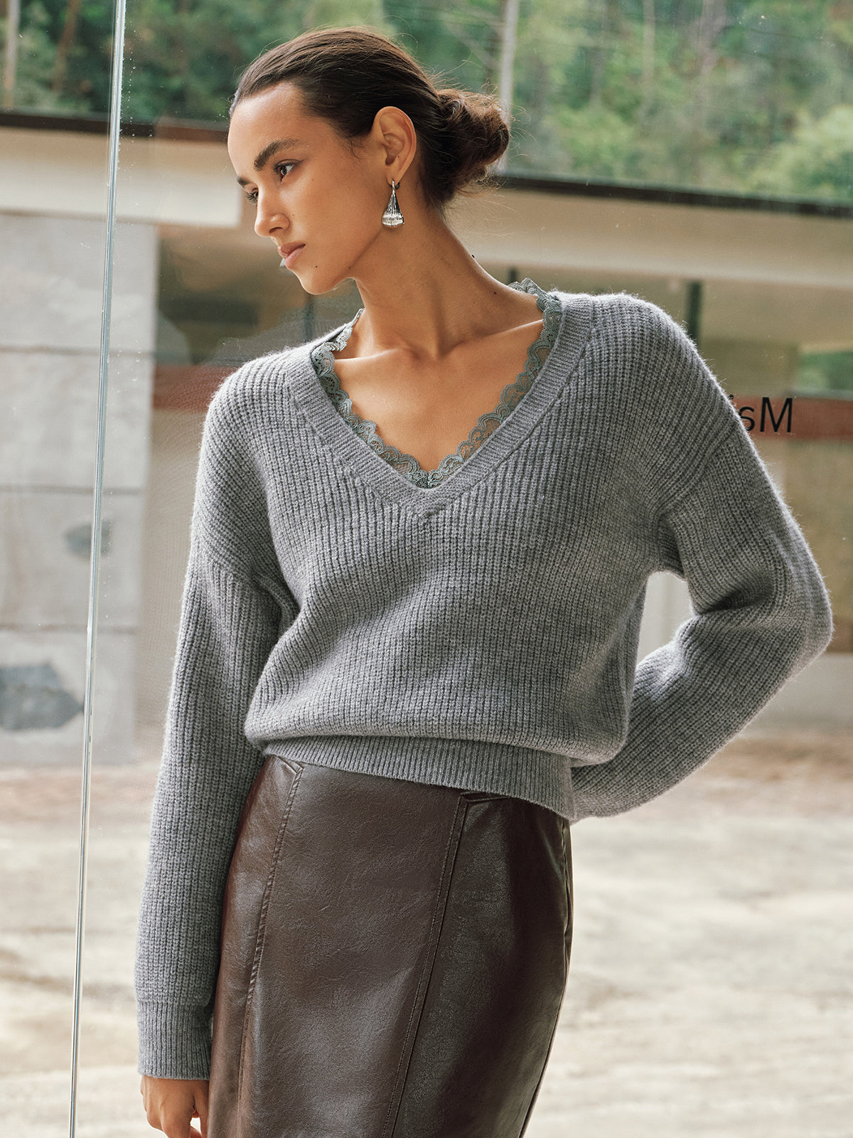 V-Neck Lace-Trim Knit Sweater for Women Cozy Casual Pullover