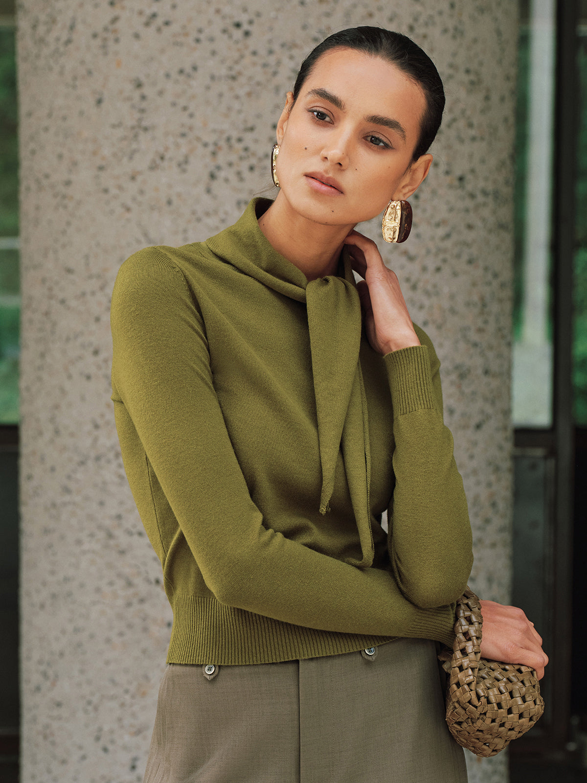 Wool-Blend Tie-Neck Fitted Knit Top for Women Comfortable Winter Essential