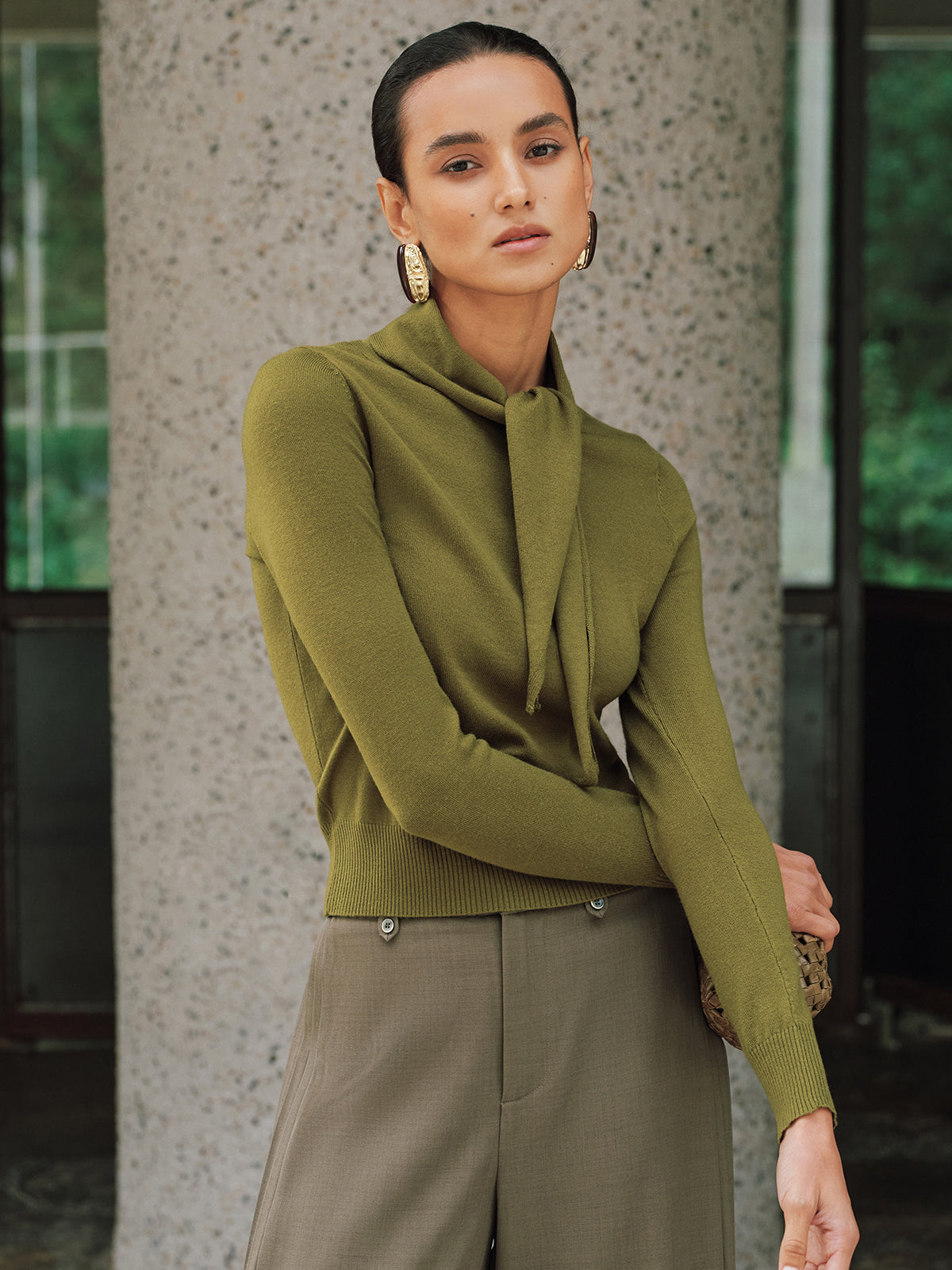 Wool-Blend Tie-Neck Fitted Knit Top for Women Comfortable Winter Essential