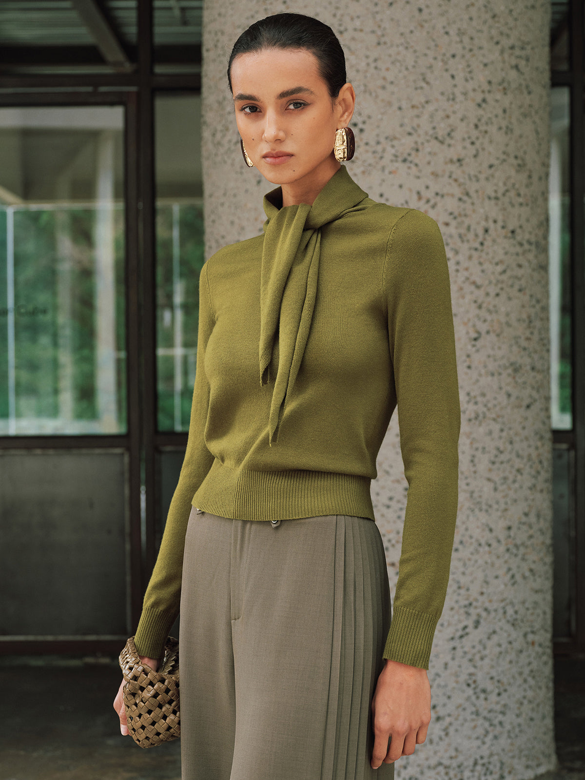 Wool-Blend Tie-Neck Fitted Knit Top for Women Comfortable Winter Essential