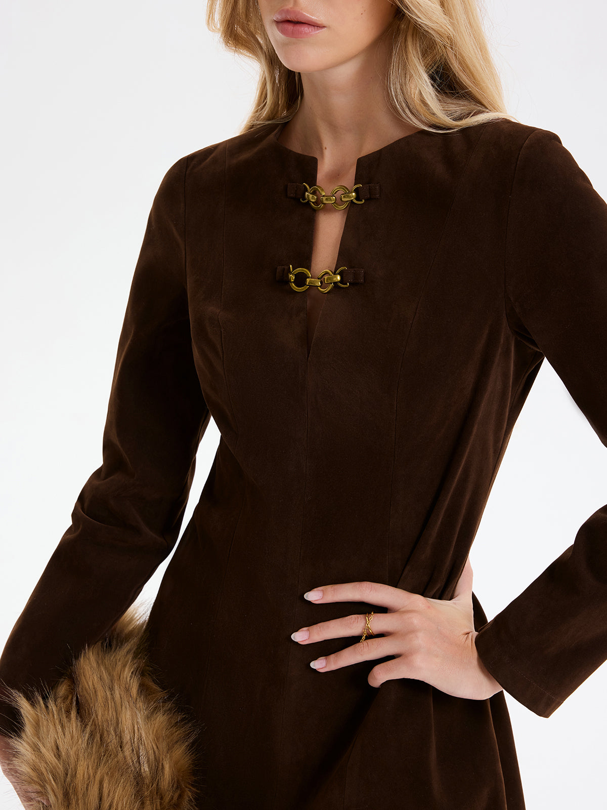Chain Detail Long Sleeve Mini Dress with Elegant Cut-Outs