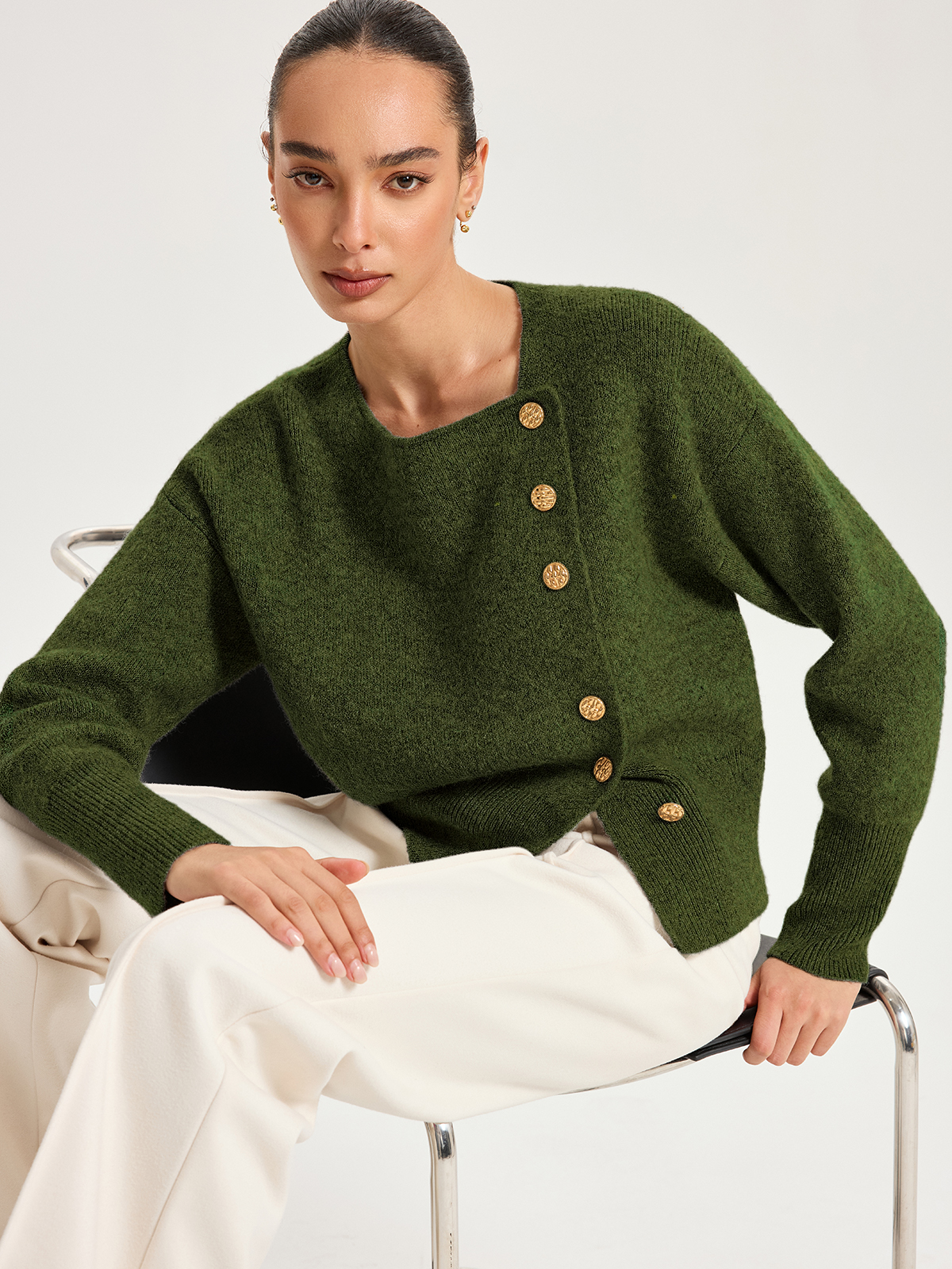 Asymmetric Metal Button Wool-Blend Cardigan for Women