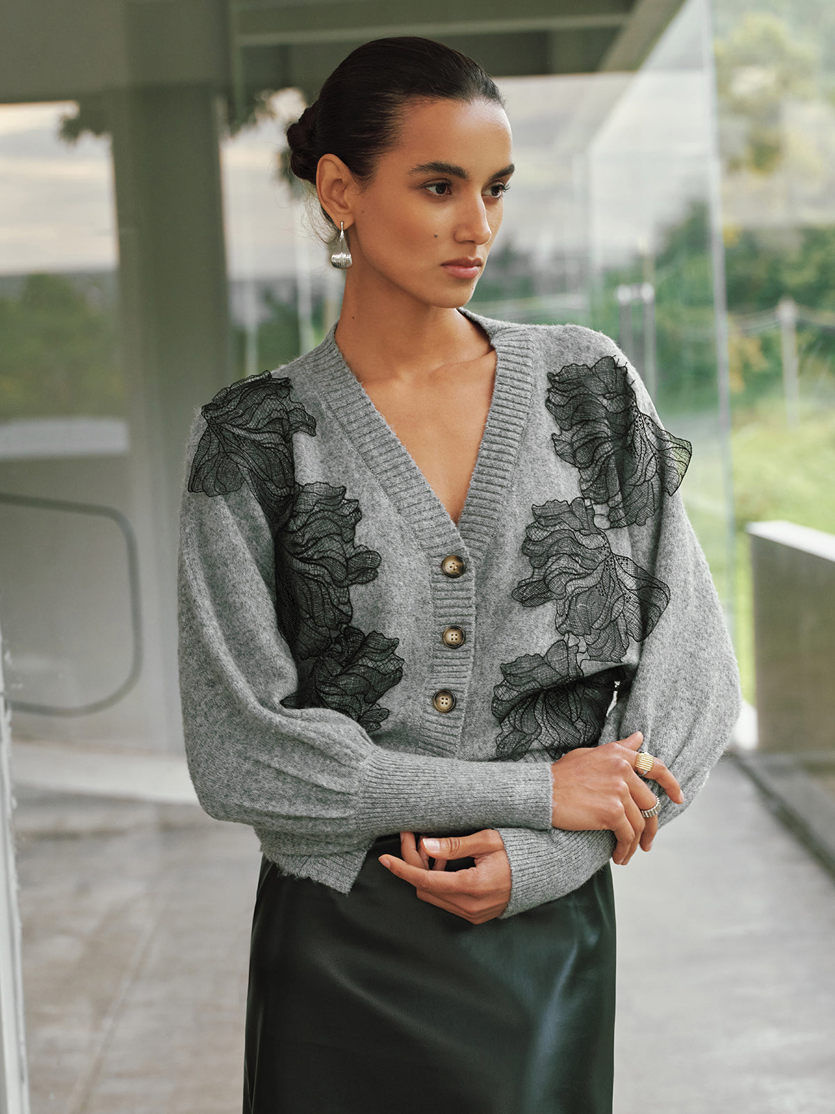 V-Neck Lace Flower Button Cardigan for Women Lightweight Layer