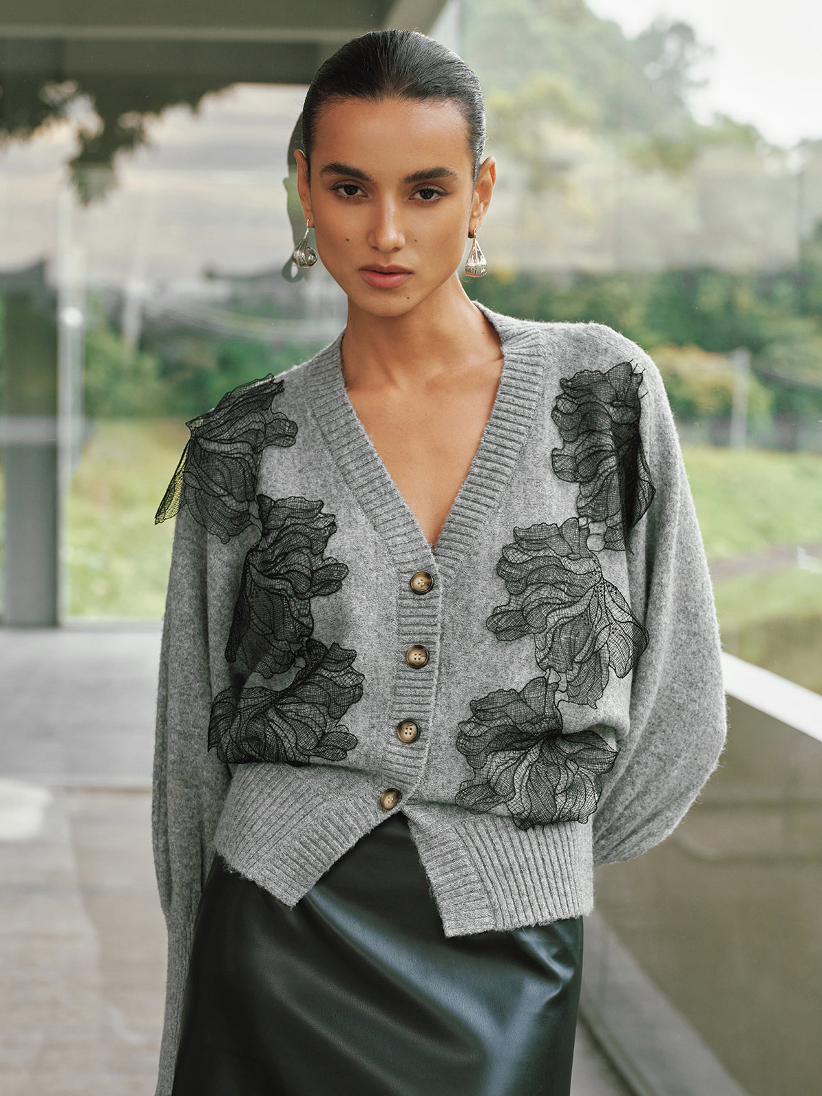 V-Neck Lace Flower Button Cardigan for Women Lightweight Layer