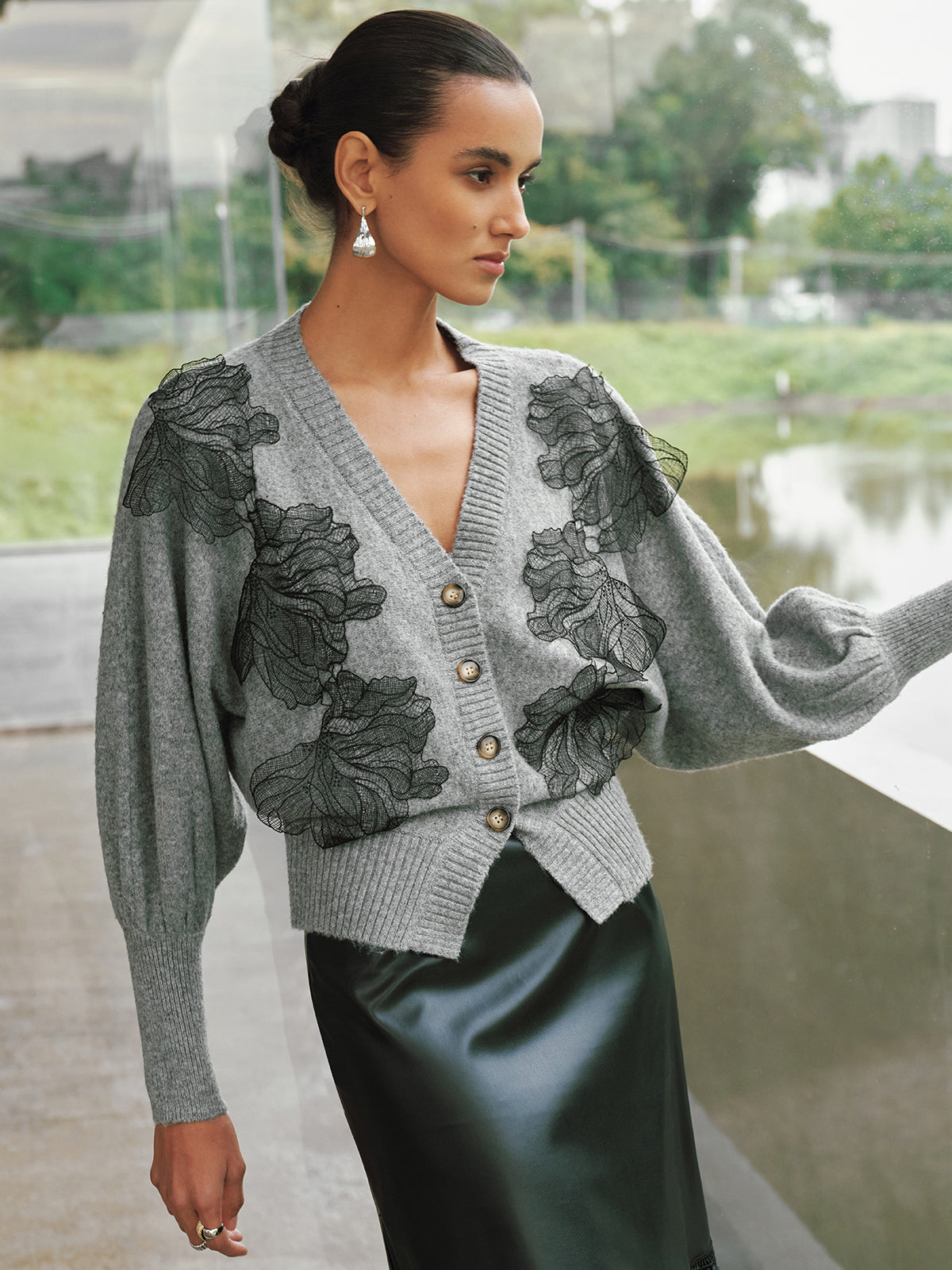 V-Neck Lace Flower Button Cardigan for Women Lightweight Layer