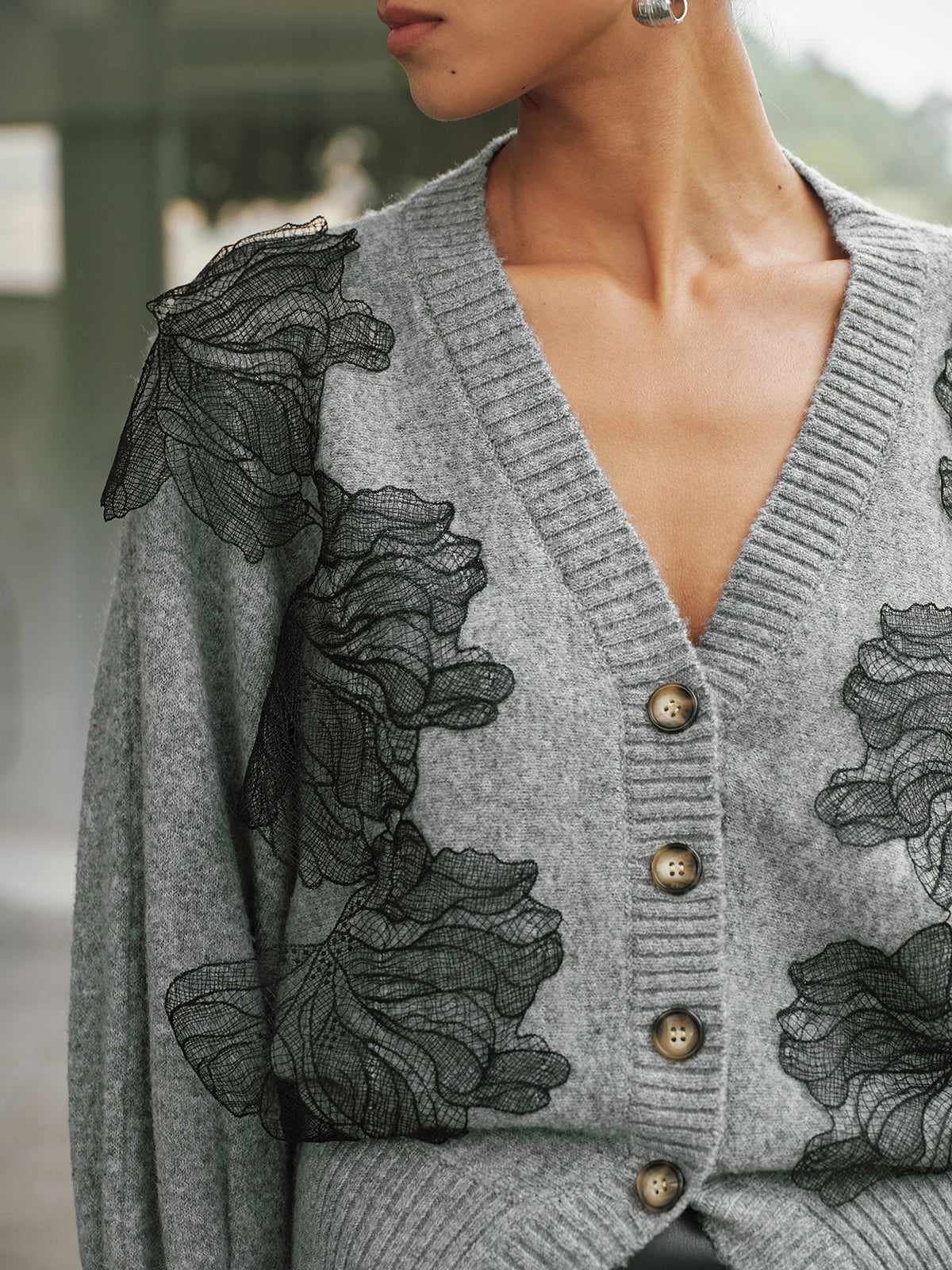 V-Neck Lace Flower Button Cardigan for Women Lightweight Layer