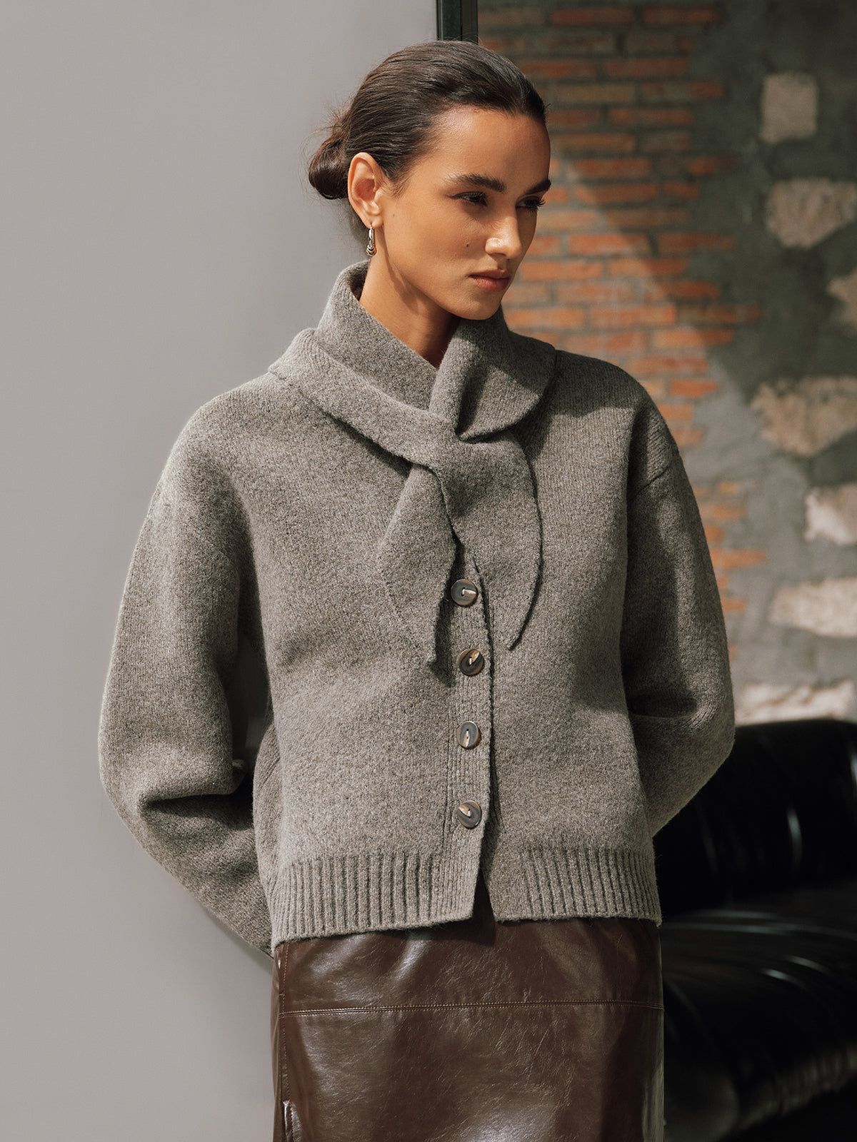 Button-Front Knit Cardigan with Matching Scarf for Women