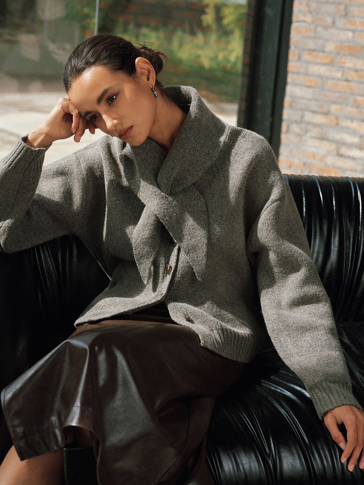 Button-Front Knit Cardigan with Matching Scarf for Women