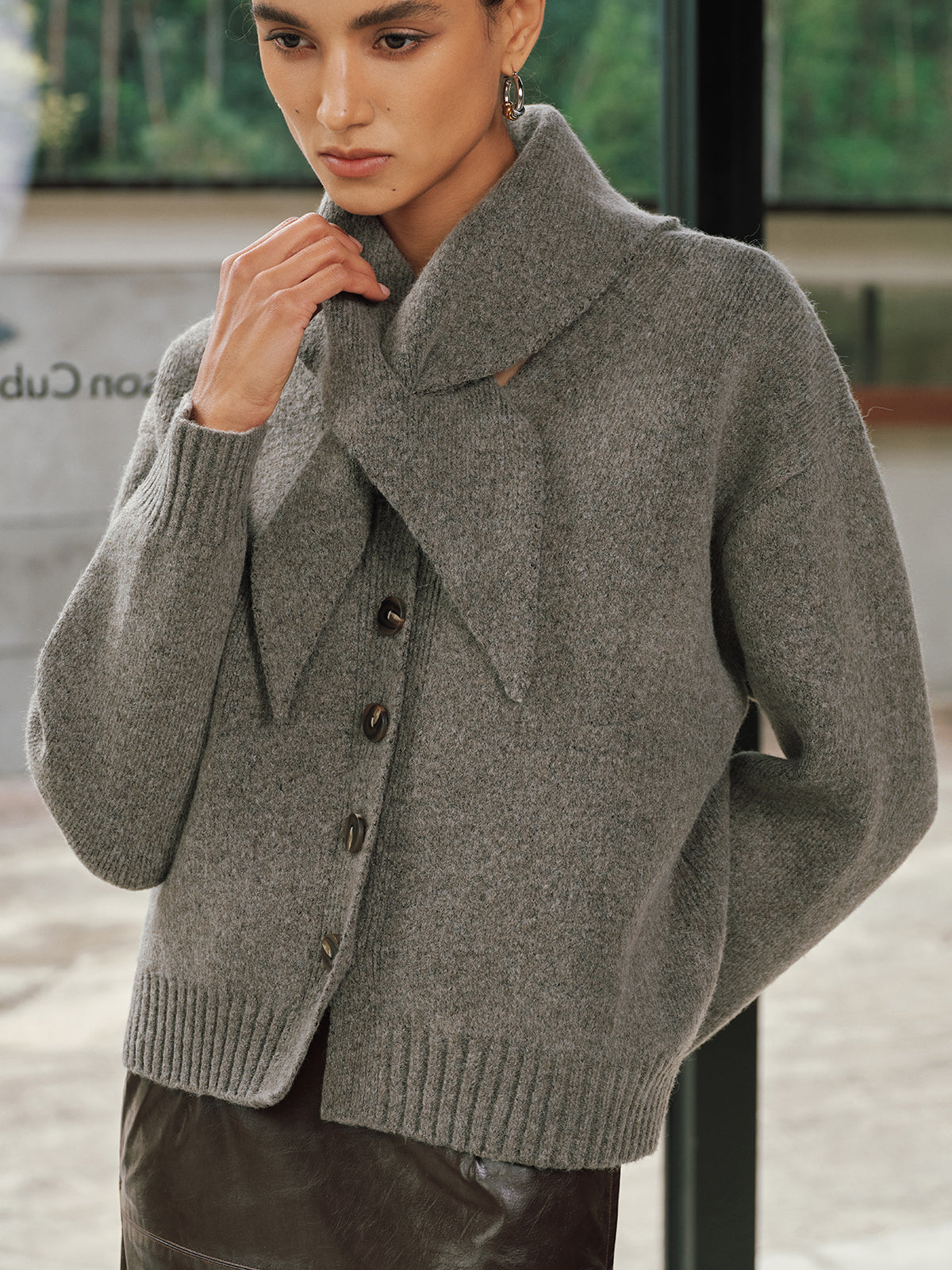 Button-Front Knit Cardigan with Matching Scarf for Women