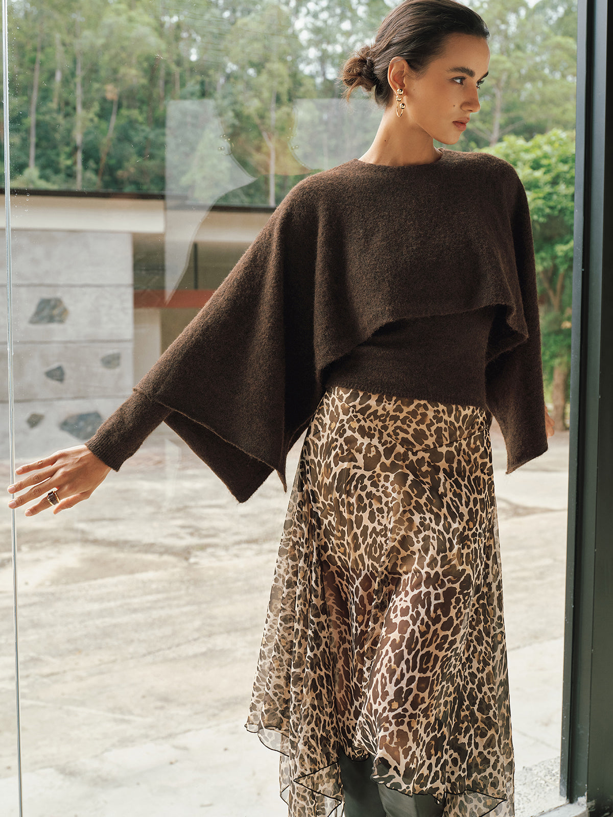 Wool-Blend Capelet-Sleeve Knit Top with Elegant Waist Tie