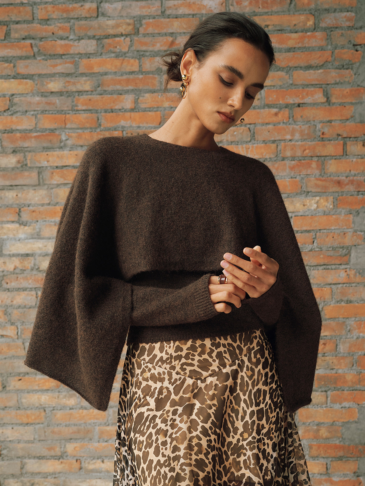Wool-Blend Capelet-Sleeve Knit Top with Elegant Waist Tie