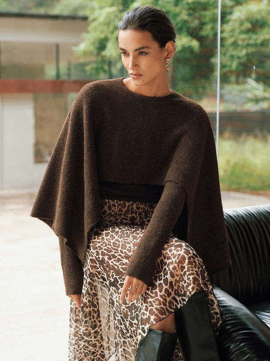 Wool-Blend Capelet-Sleeve Knit Top with Elegant Waist Tie