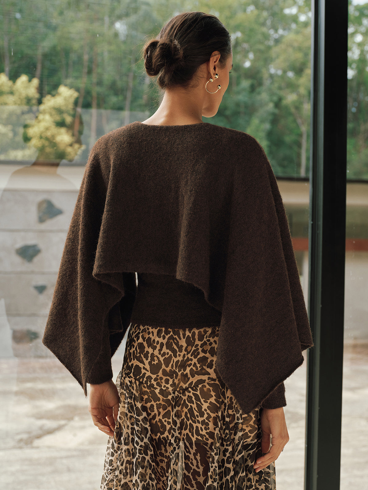 Wool-Blend Capelet-Sleeve Knit Top with Elegant Waist Tie