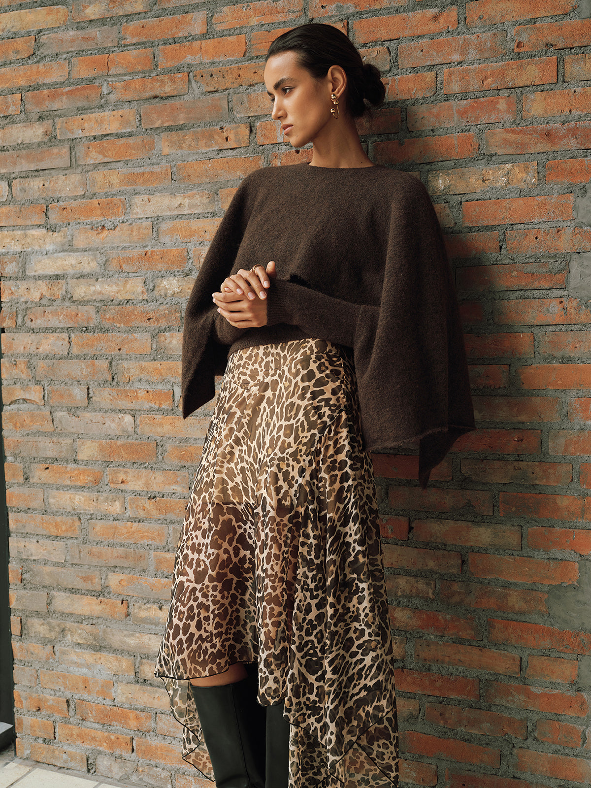 Wool-Blend Capelet-Sleeve Knit Top with Elegant Waist Tie