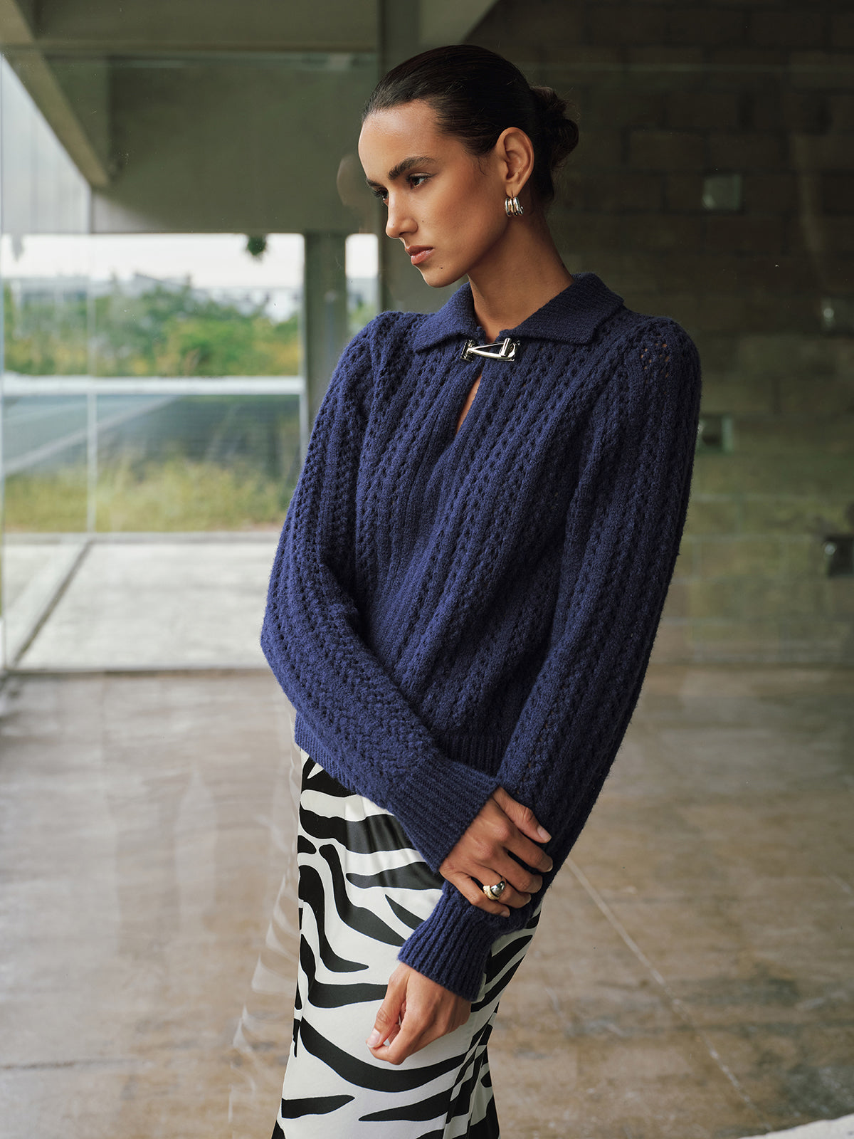 Cable-Knit Polo Collar Buckle-Detail Sweater for Winter Comfort