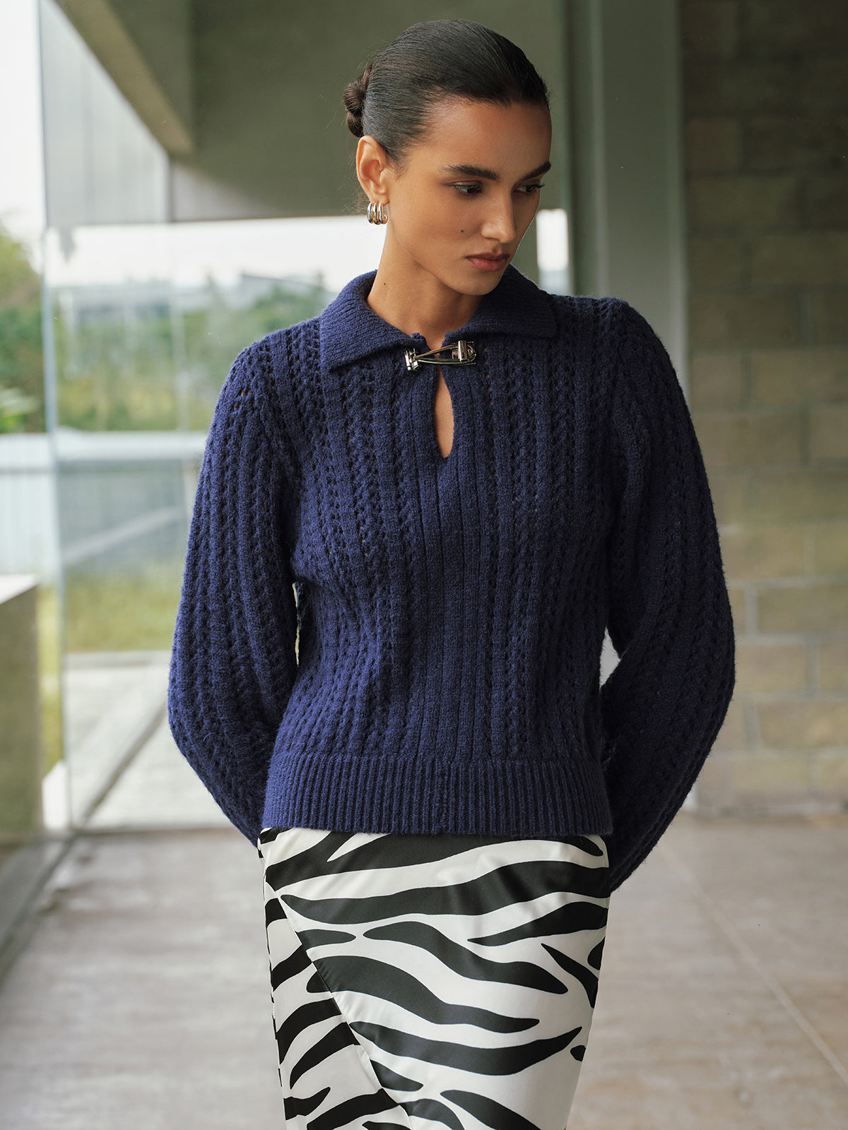 Cable-Knit Polo Collar Buckle-Detail Sweater for Winter Comfort