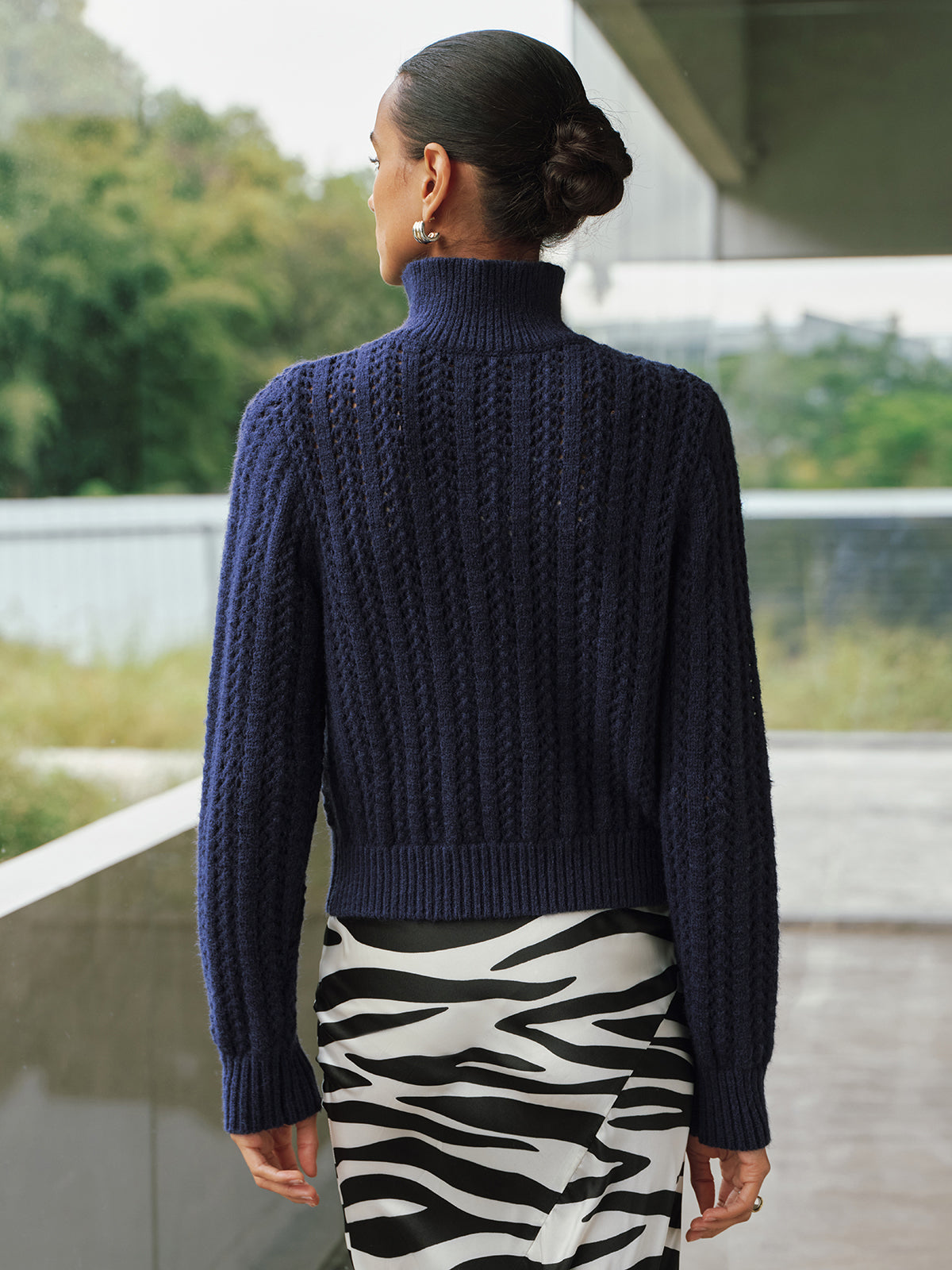 Cable-Knit Polo Collar Buckle-Detail Sweater for Winter Comfort