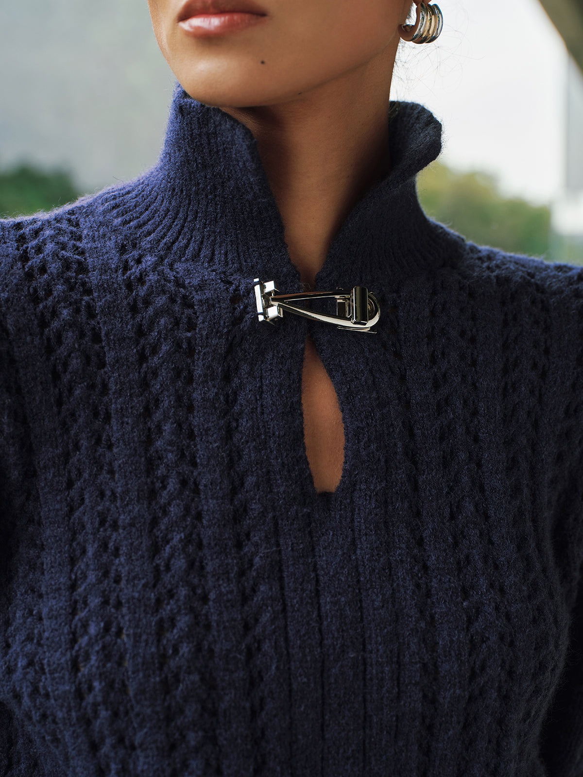 Cable-Knit Polo Collar Buckle-Detail Sweater for Winter Comfort