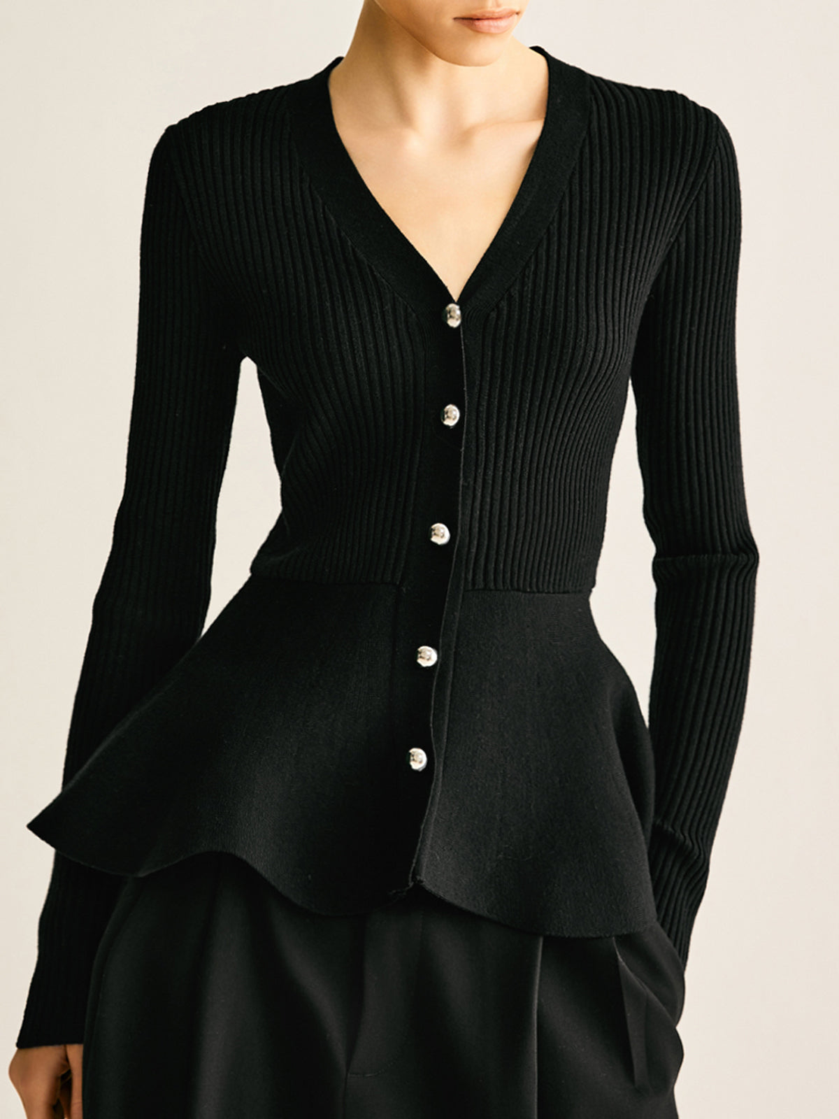 Oversized Ribbed Panel Bud Waist Button Knit Top Cozy Long Sleeve Sweater