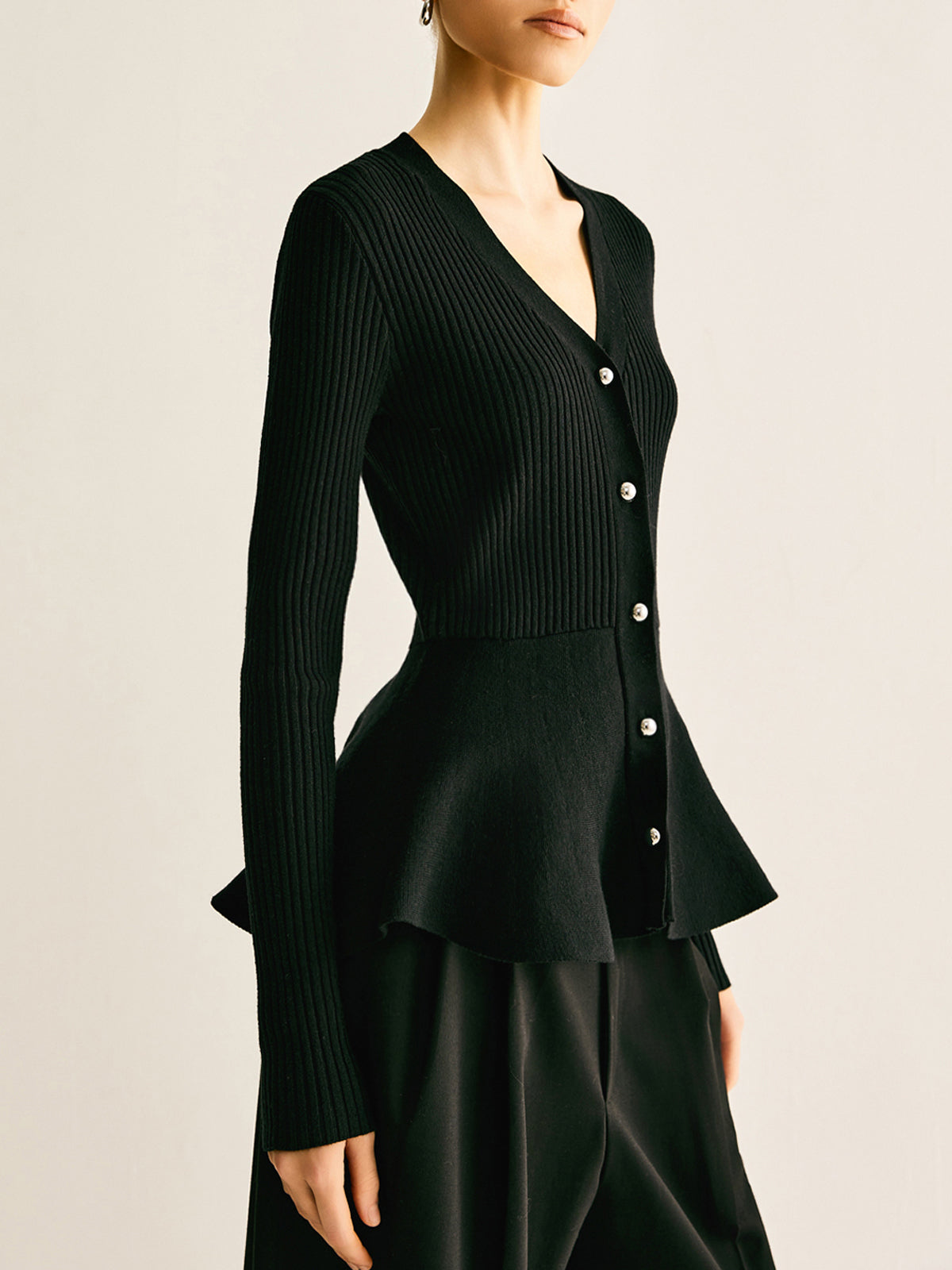 Oversized Ribbed Panel Bud Waist Button Knit Top Cozy Long Sleeve Sweater