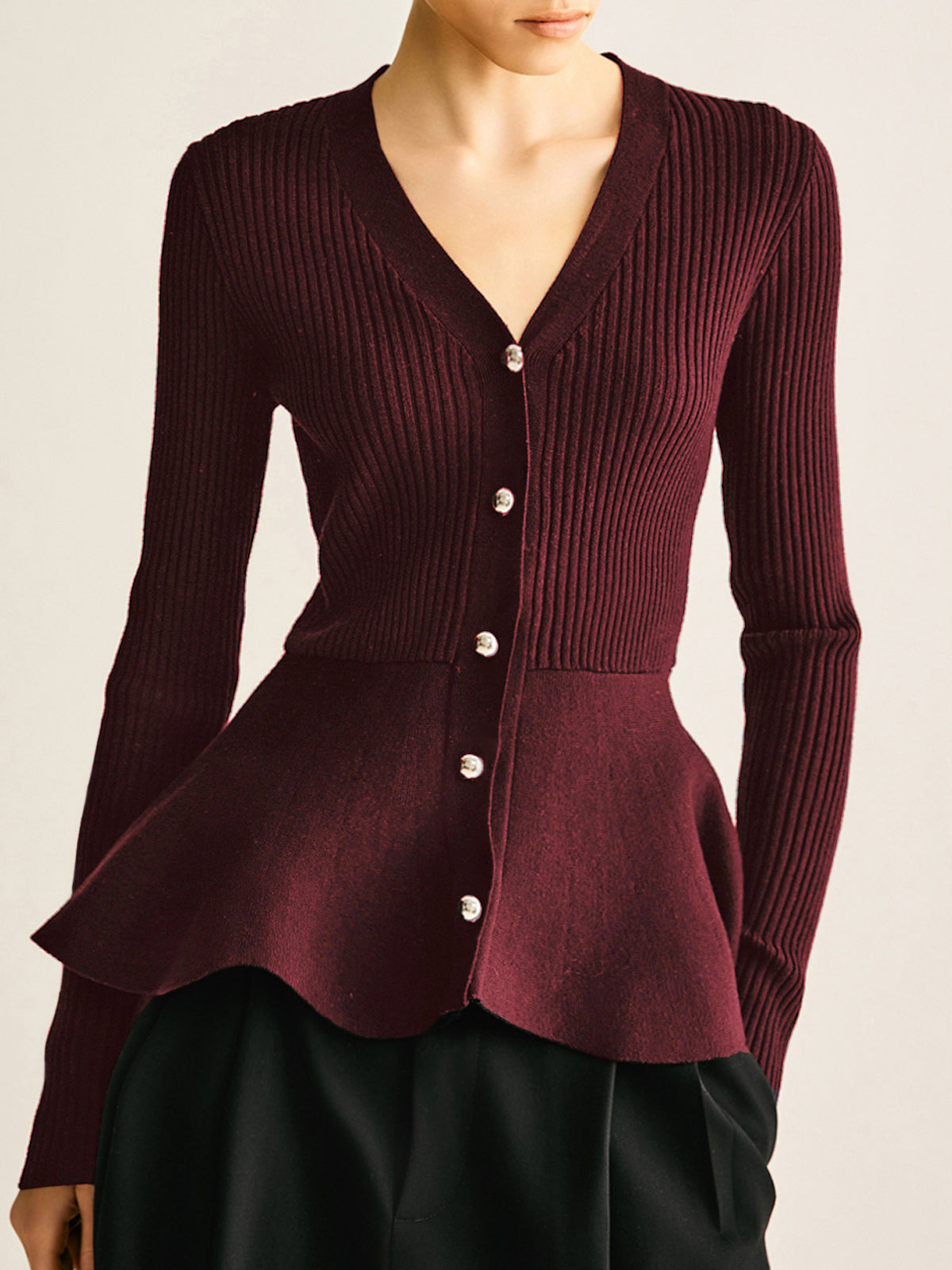 Oversized Ribbed Panel Bud Waist Button Knit Top Cozy Long Sleeve Sweater