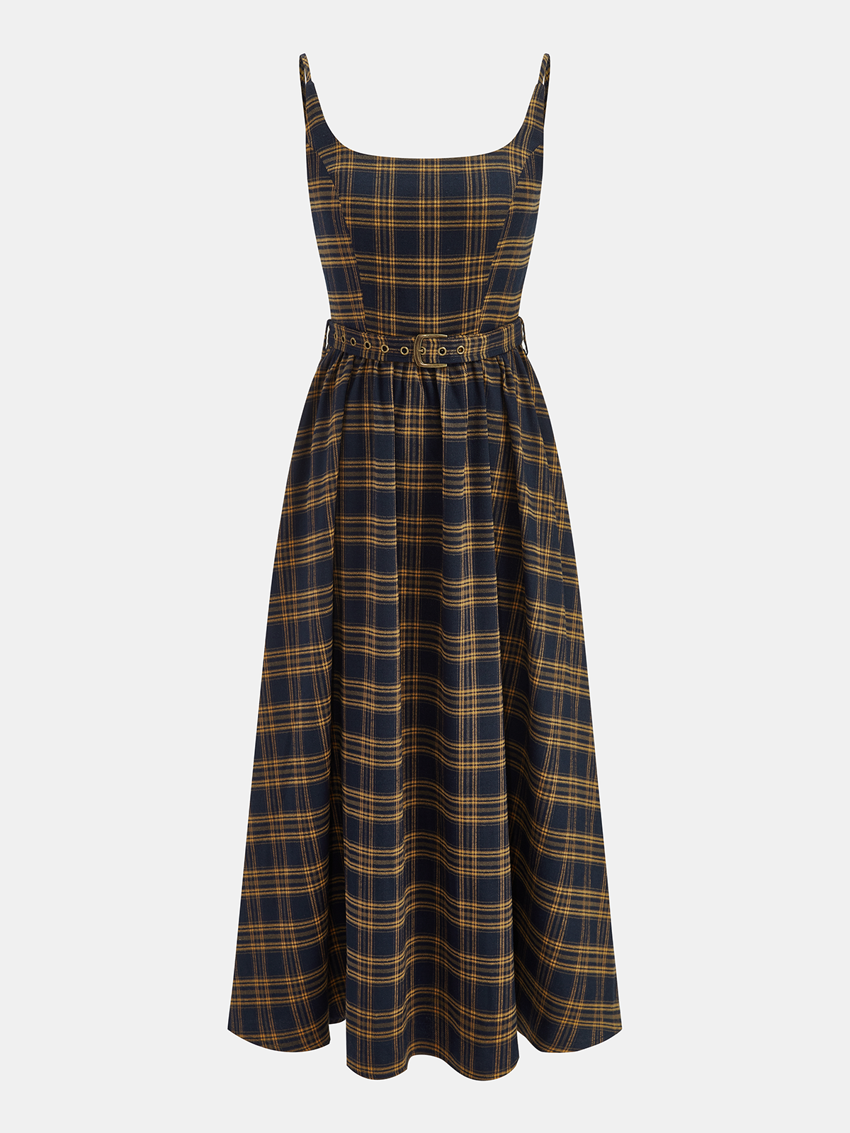 Plaid Smocked Bodice Belted Midi Dress Women's Casual Spring Wear