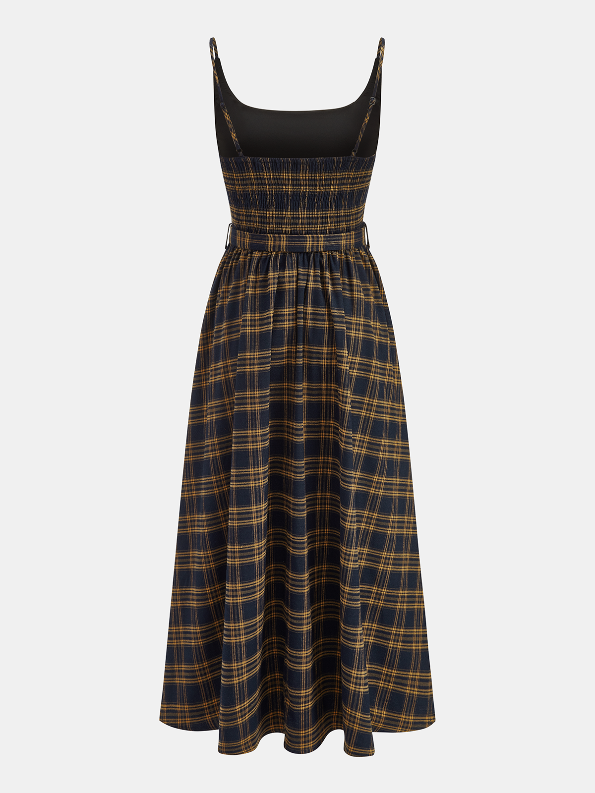 Plaid Smocked Bodice Belted Midi Dress Women's Casual Spring Wear
