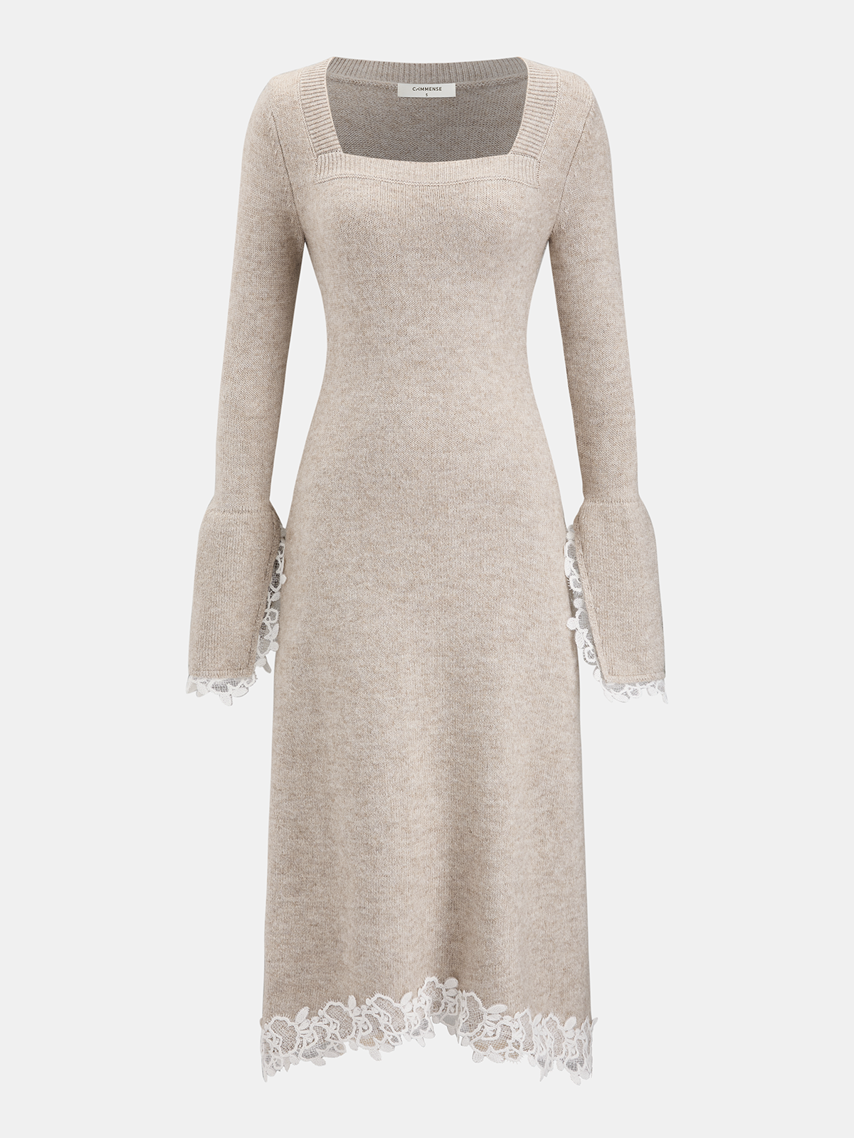 "Wool-Blend Lace-Trim Square-Neck Dress for Elegant Evenings"