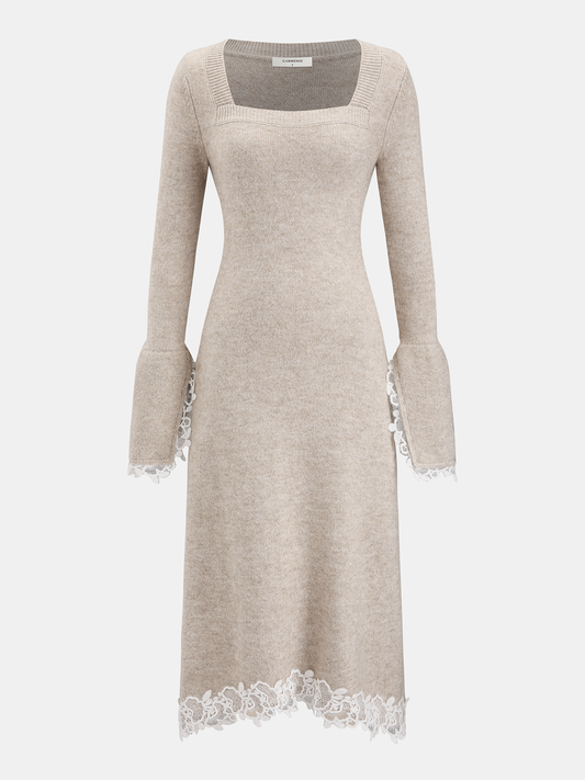 "Wool-Blend Lace-Trim Square-Neck Dress for Elegant Evenings"