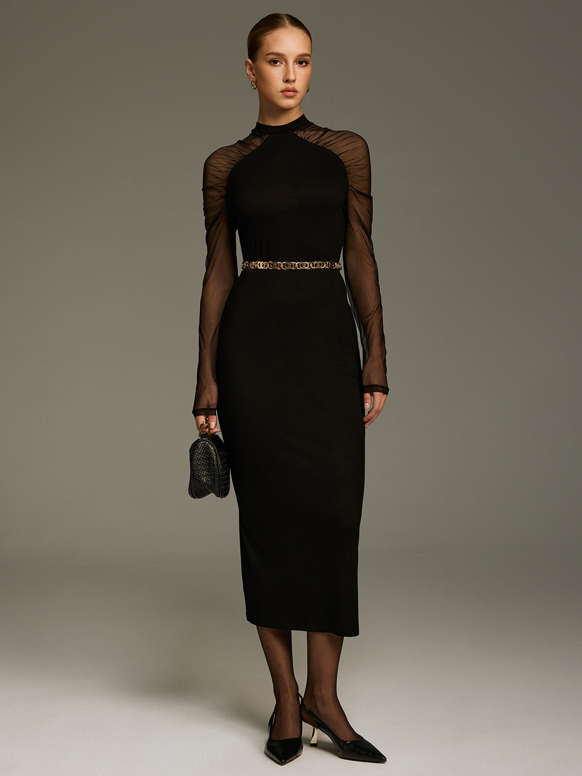 Mesh-Sleeve Knit Maxi Dress Comfortable Elegant Evening Wear