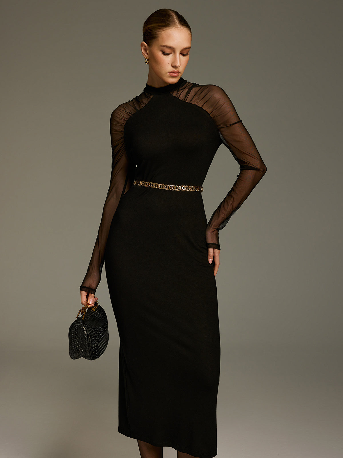 Mesh-Sleeve Knit Maxi Dress Comfortable Elegant Evening Wear