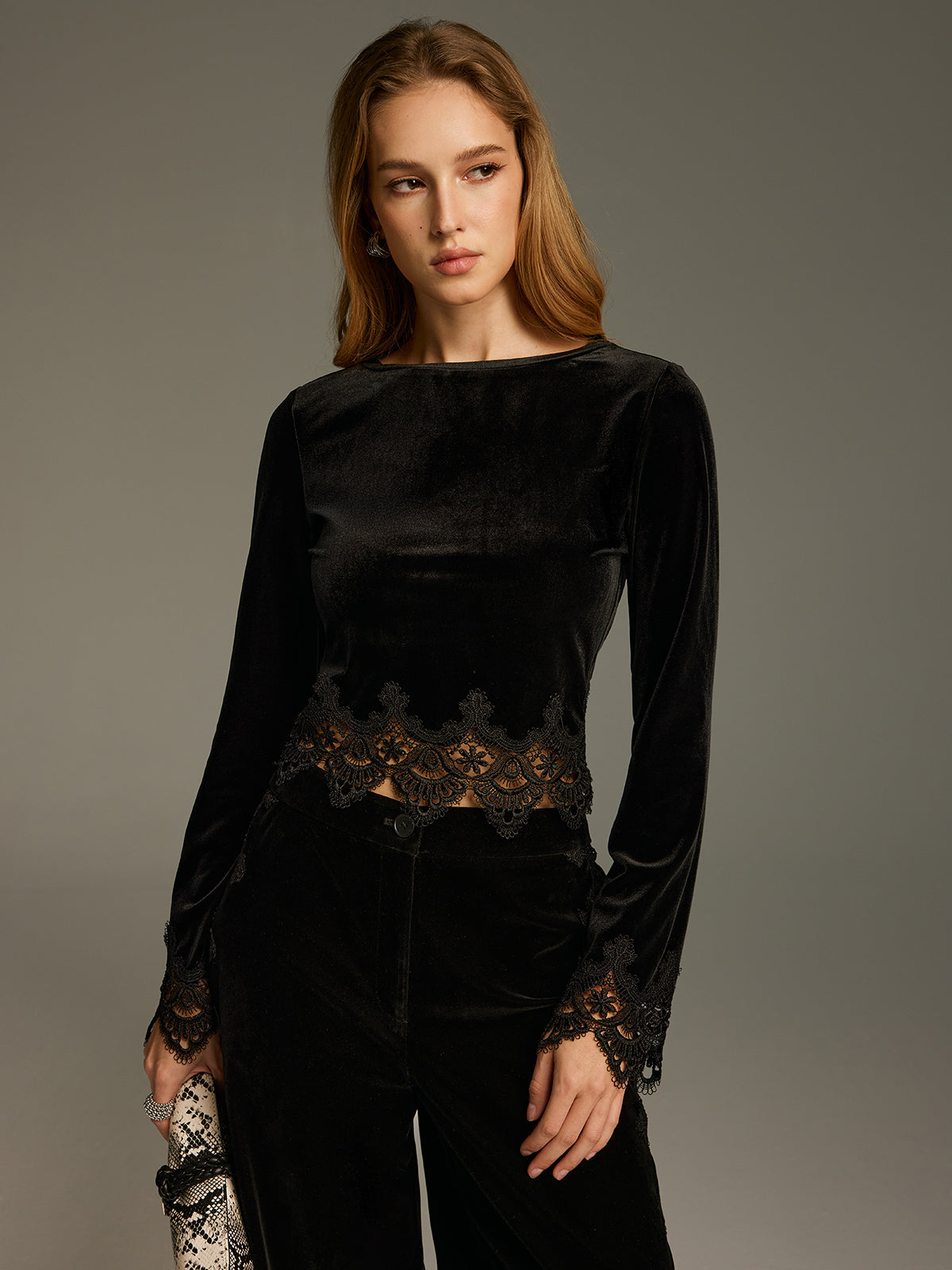 Lace Panel Velvet Long-Sleeve Top for Women with Elegant Design