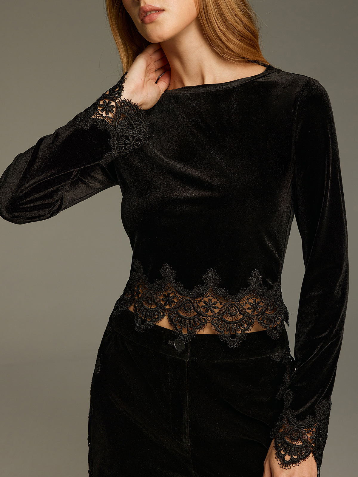 Lace Panel Velvet Long-Sleeve Top for Women with Elegant Design