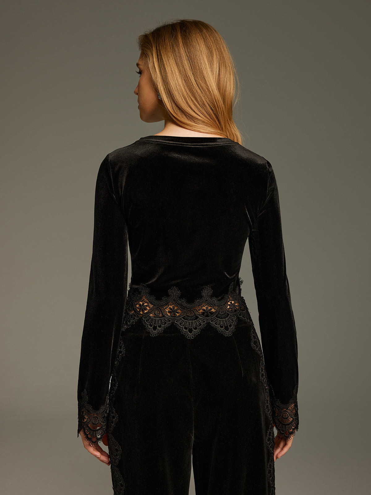 Lace Panel Velvet Long-Sleeve Top for Women with Elegant Design