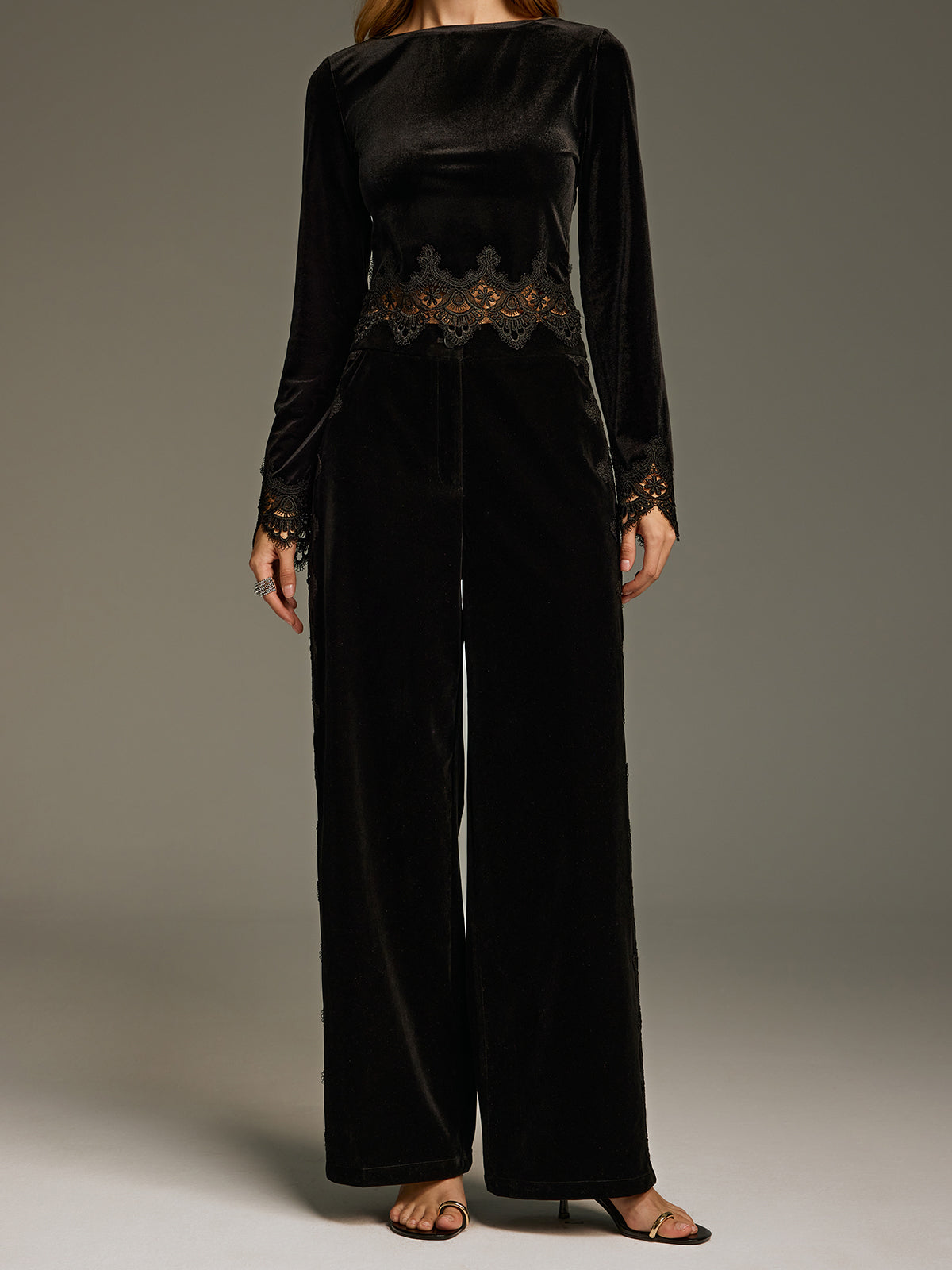Side Lace Panel Velvet Straight-Leg Pants for Women's Fashion Fall Collection