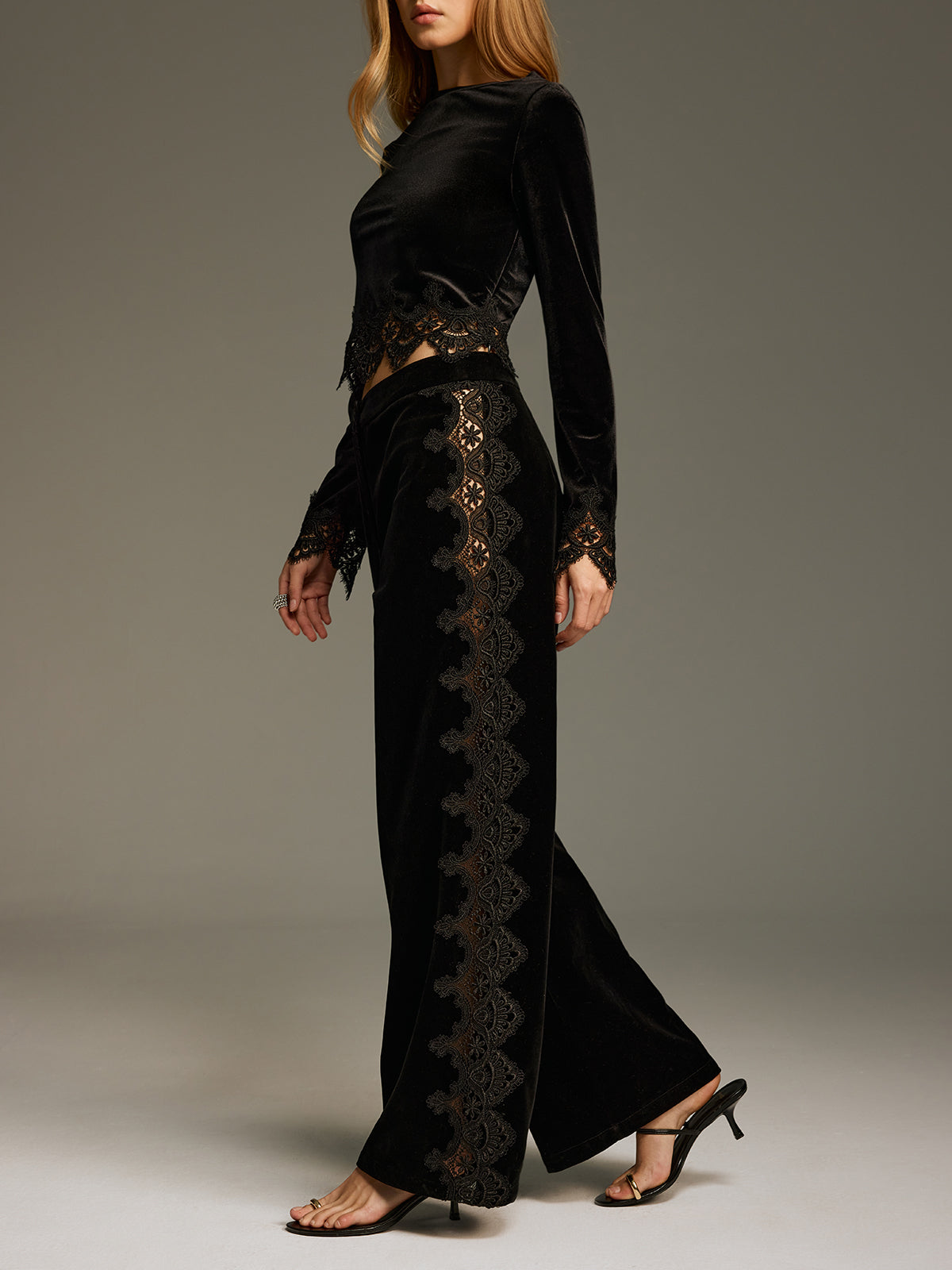 Side Lace Panel Velvet Straight-Leg Pants for Women's Fashion Fall Collection