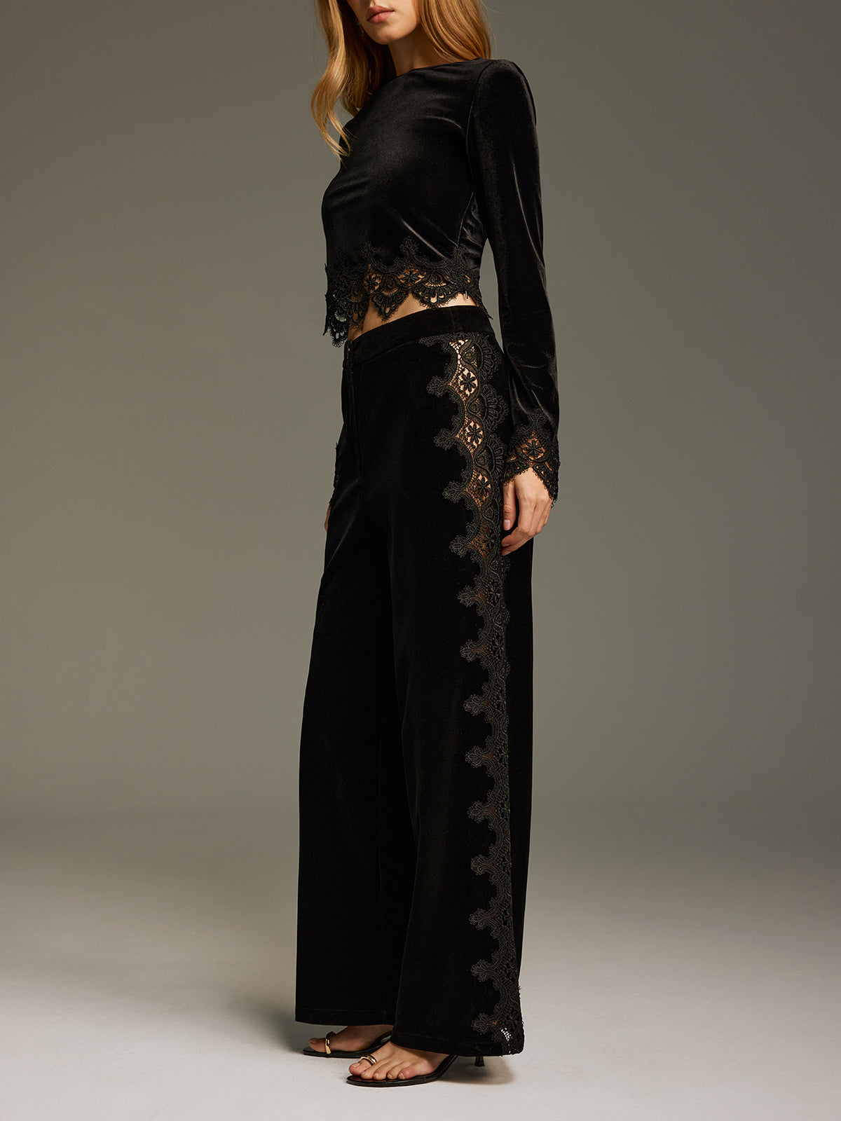 Side Lace Panel Velvet Straight-Leg Pants for Women's Fashion Fall Collection