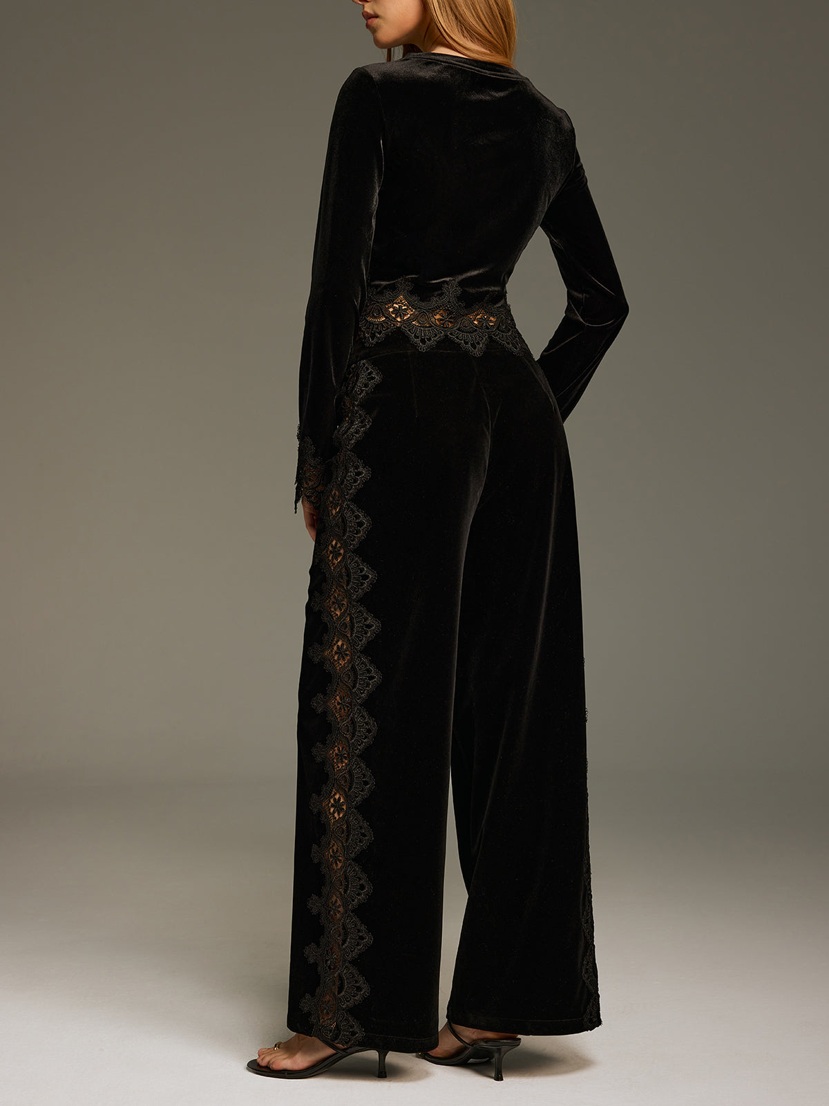Side Lace Panel Velvet Straight-Leg Pants for Women's Fashion Fall Collection