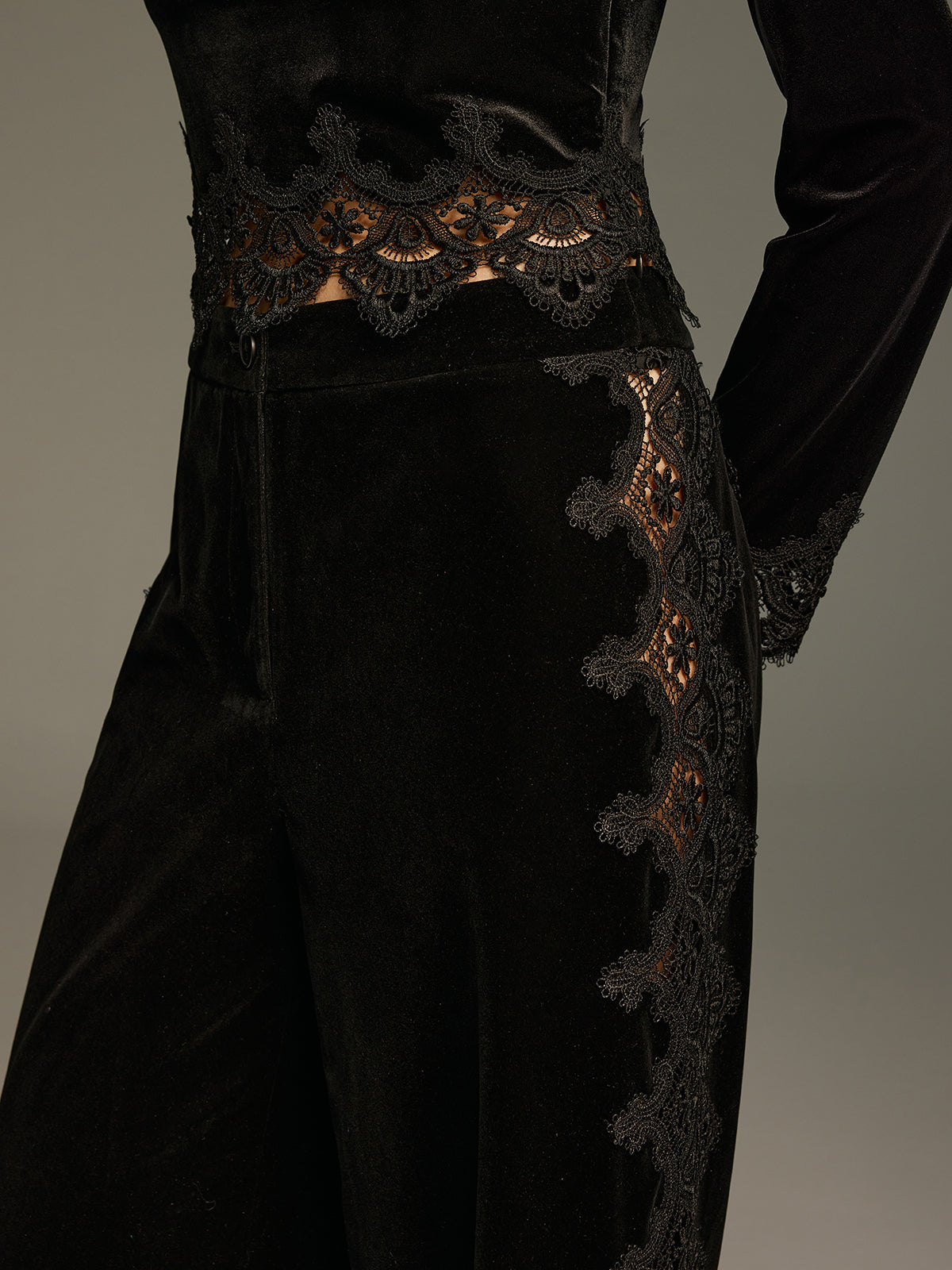 Side Lace Panel Velvet Straight-Leg Pants for Women's Fashion Fall Collection