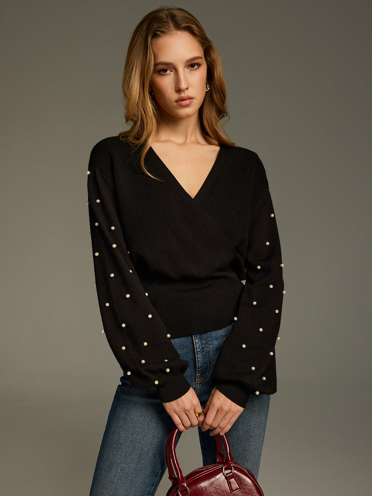 V-Neck Pearl Embellished Sweater with Elegant Casual Design