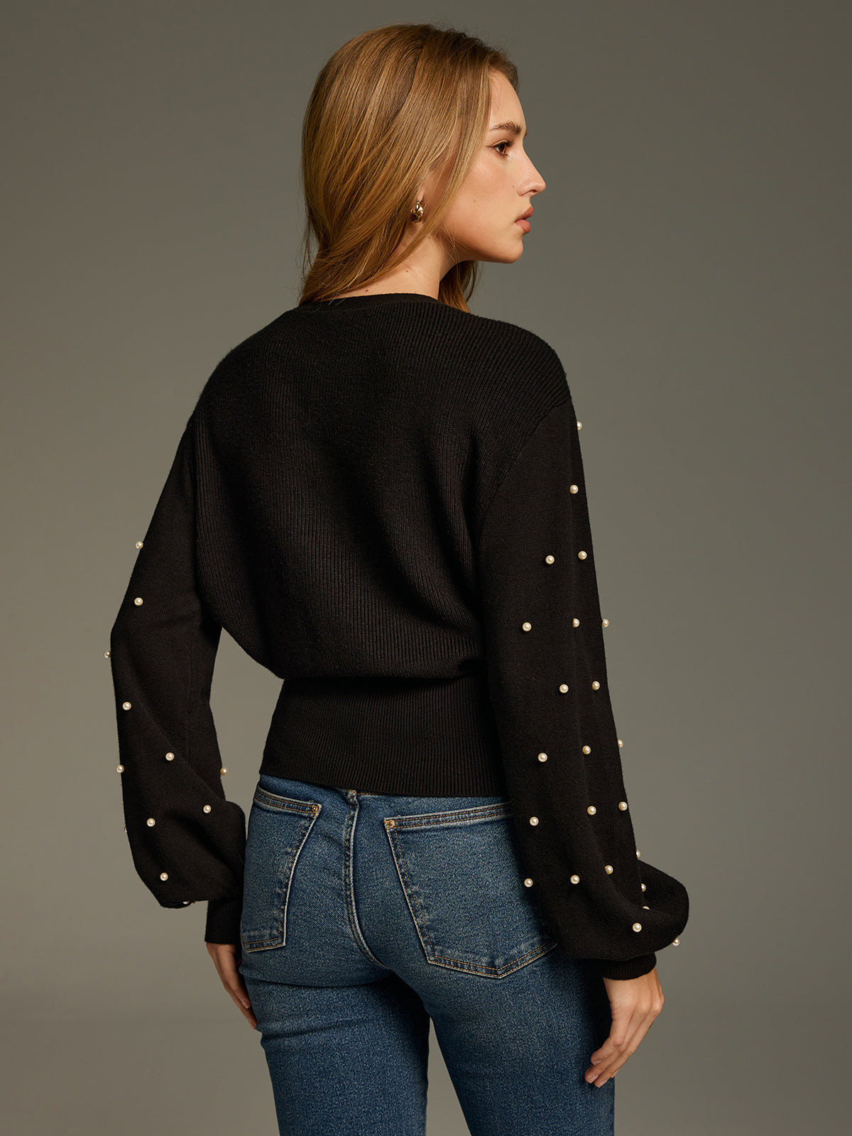 V-Neck Pearl Embellished Sweater with Elegant Casual Design