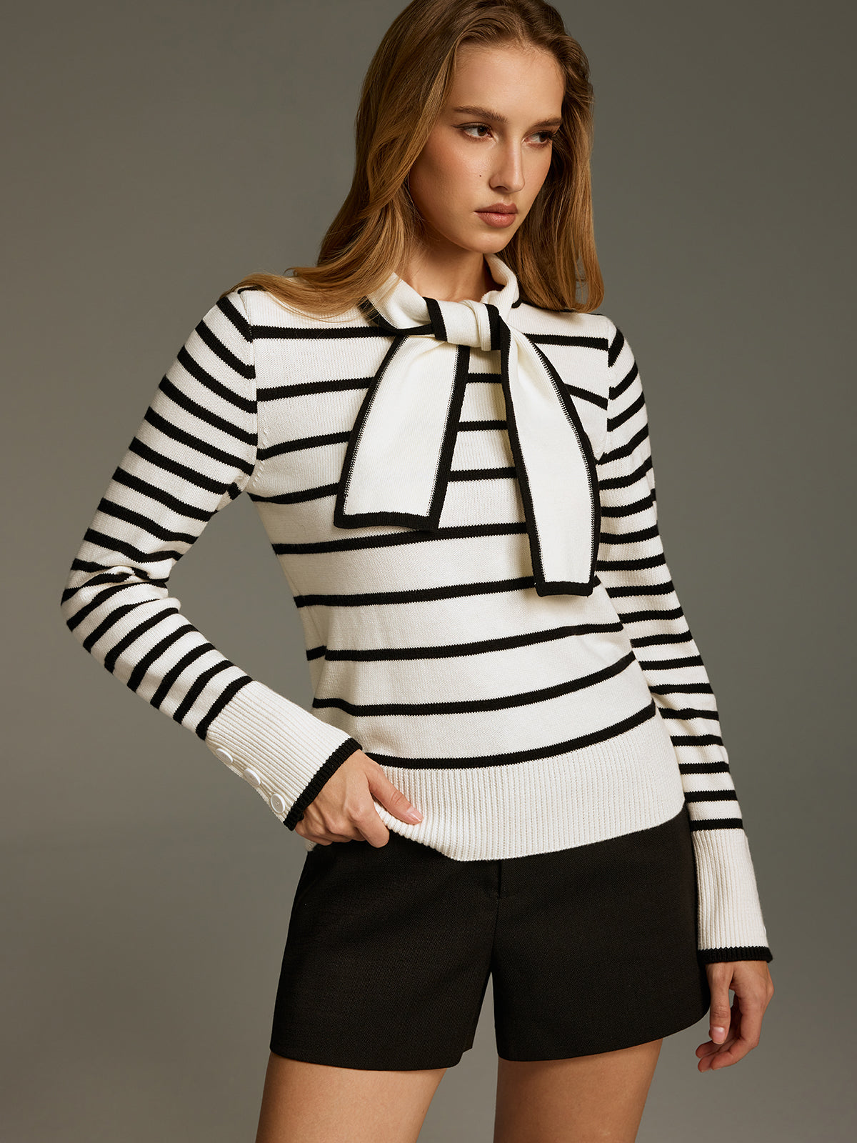 Wool-Blend Striped Knot-Collar Knit Top | Casual Chic Comfort Wear