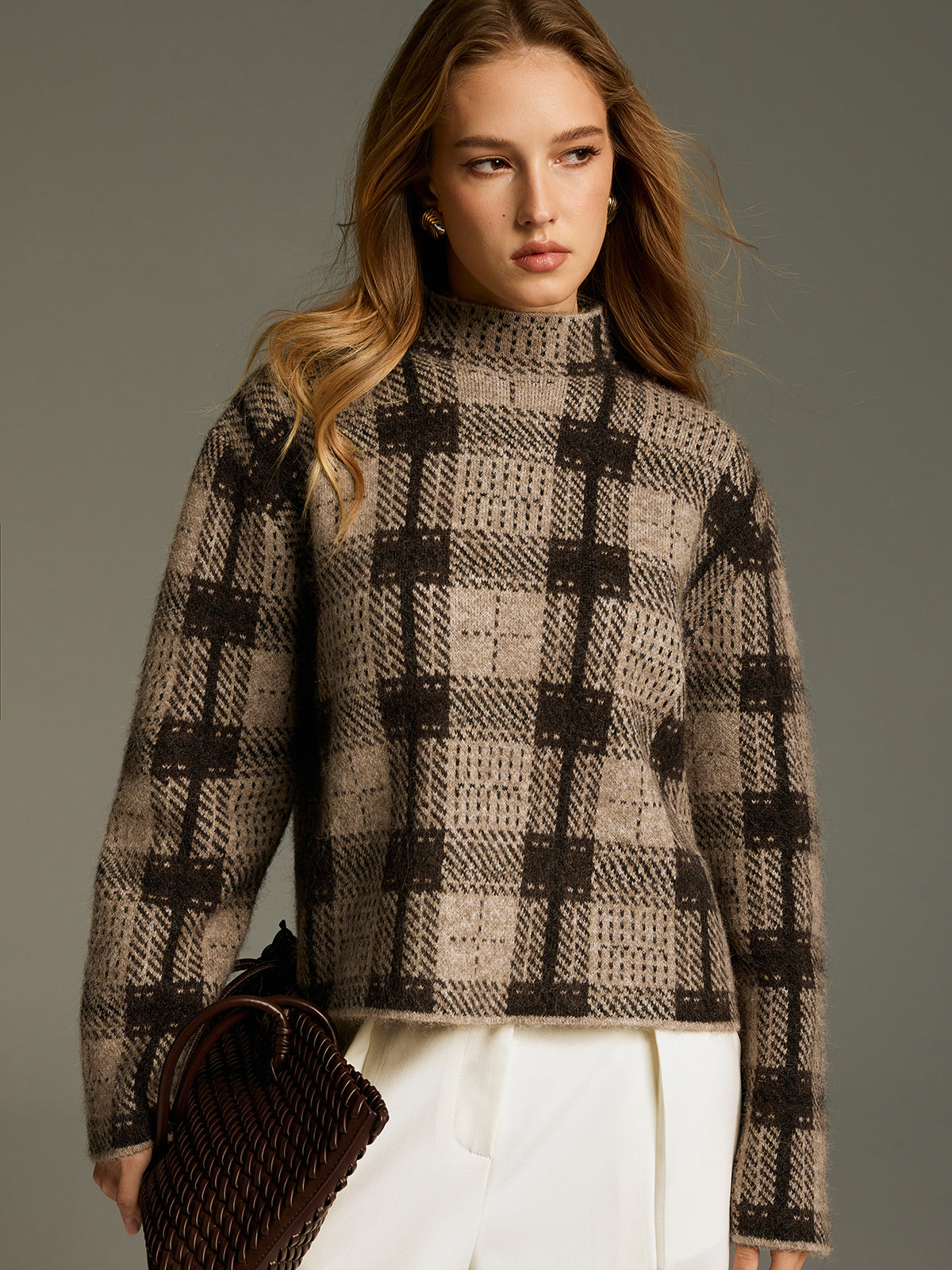 Wool-Blend Plaid Turtleneck Sweater for Winter Warmth