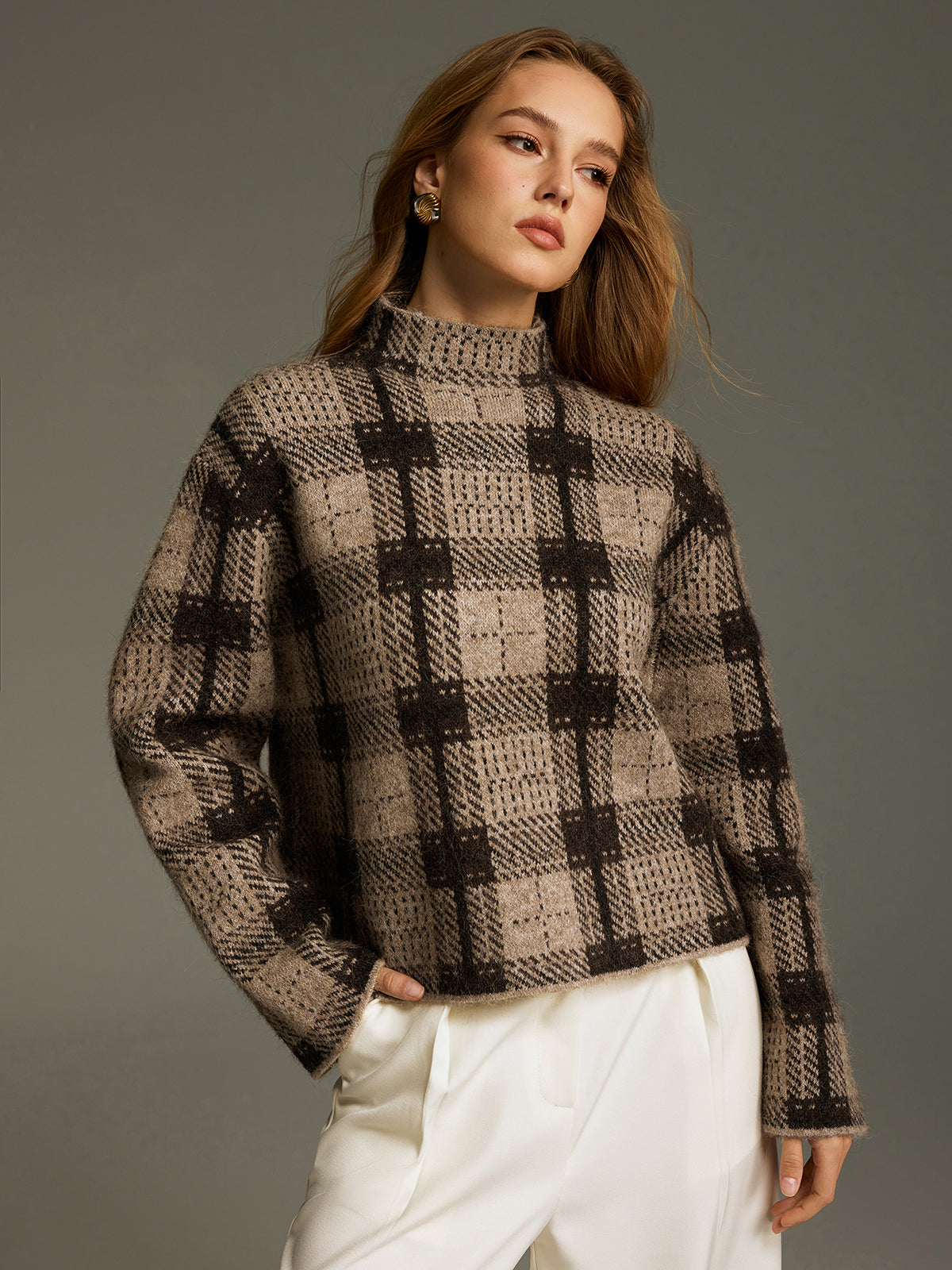 Wool-Blend Plaid Turtleneck Sweater for Winter Warmth