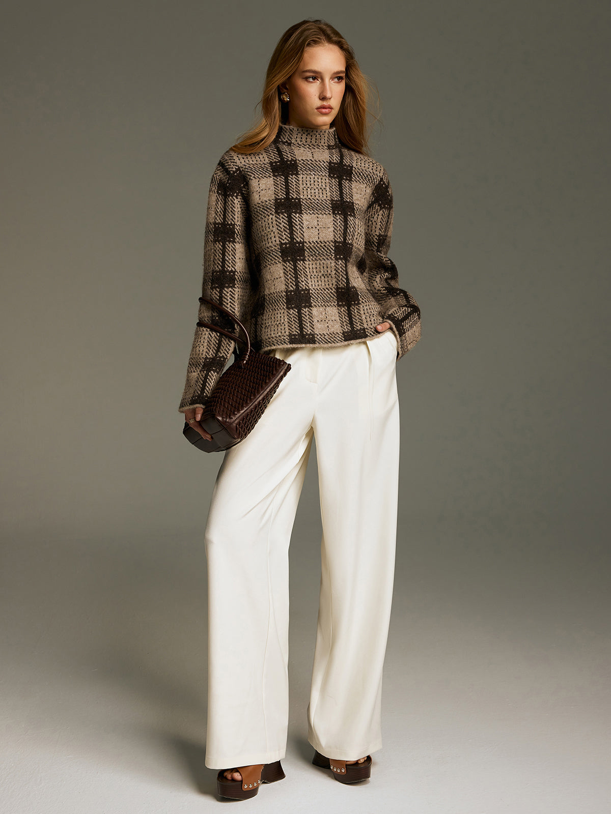 Wool-Blend Plaid Turtleneck Sweater for Winter Warmth
