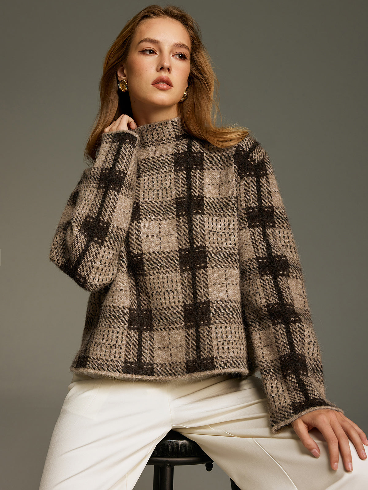 Wool-Blend Plaid Turtleneck Sweater for Winter Warmth