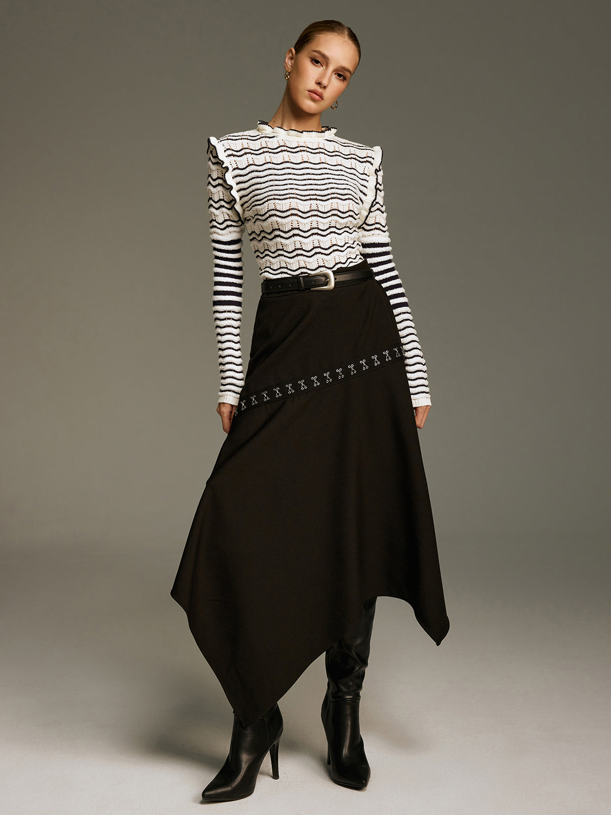 Ruffled Striped Openwork Knit Top Women Trendy Comfort Fit