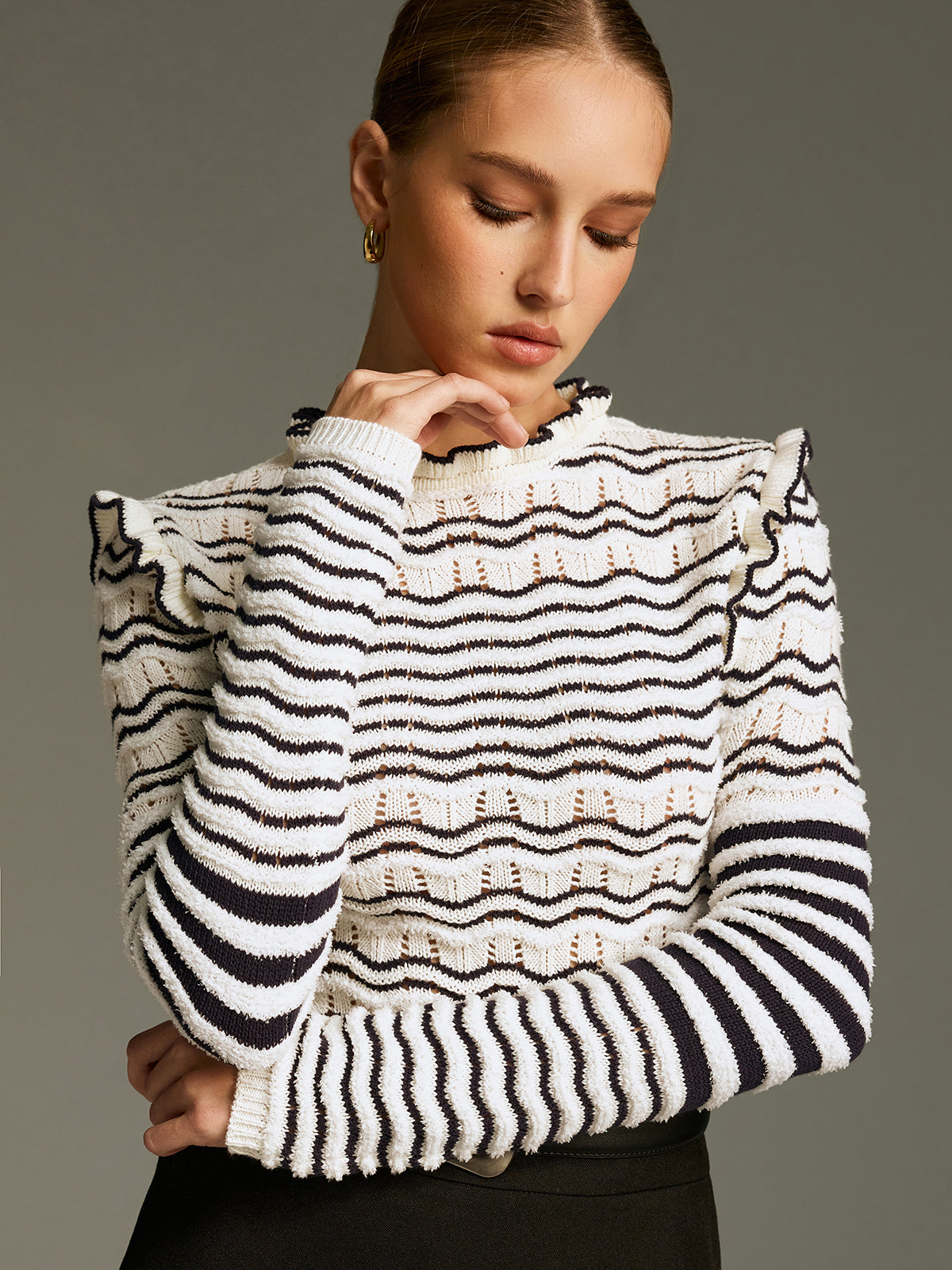 Ruffled Striped Openwork Knit Top Women Trendy Comfort Fit